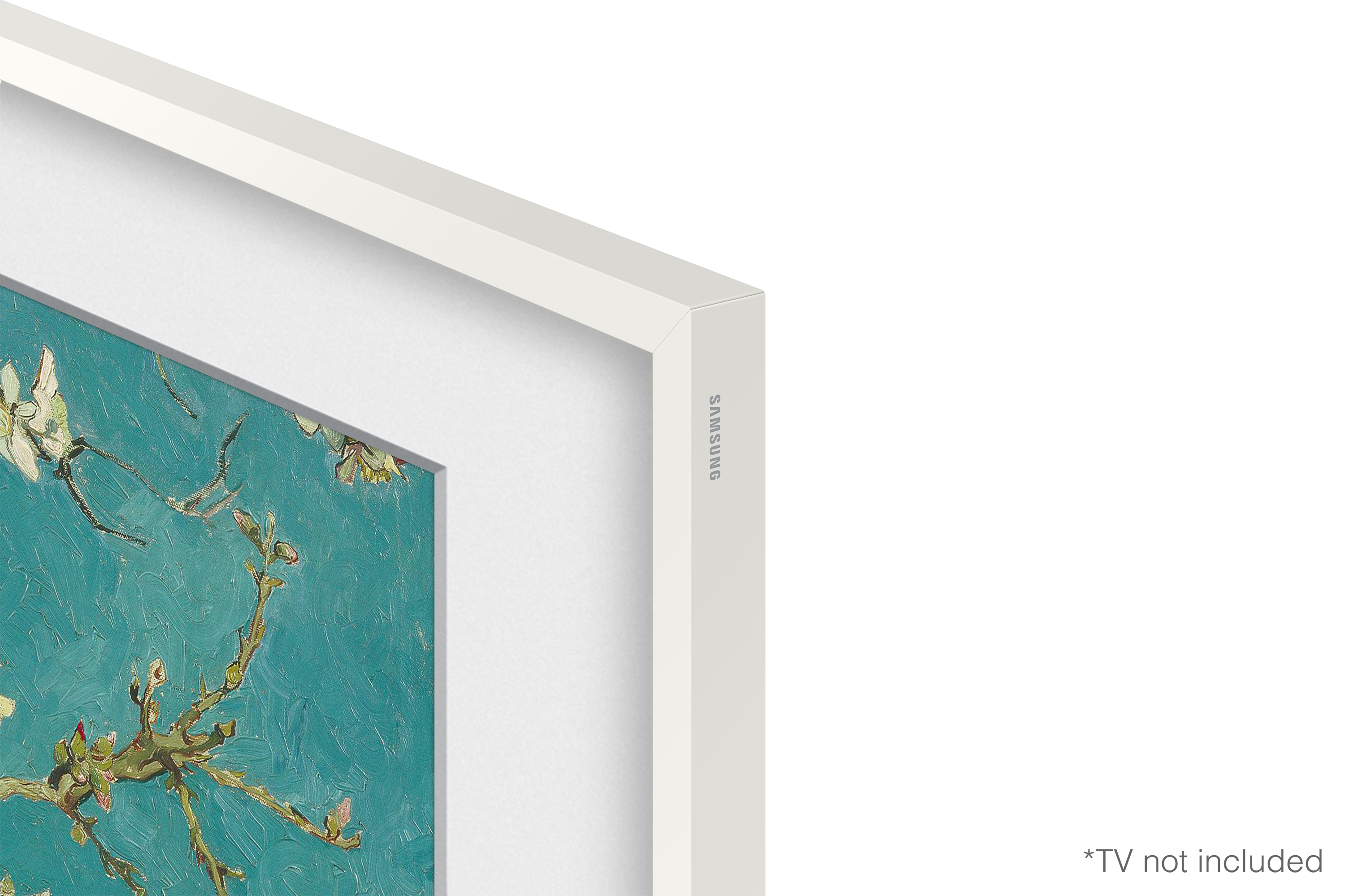Ein weiß gerahmtes Kunstdisplay mit einem Van-Gogh-Gemälde von blühenden Mandelzweigen vor teal Hintergrund.