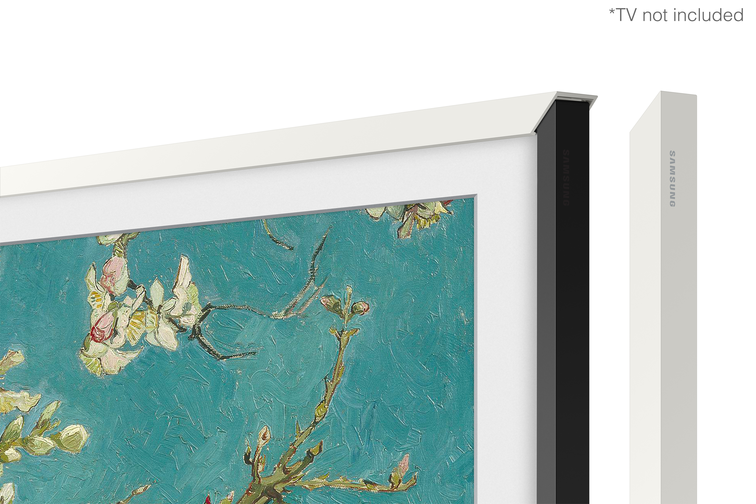 Ein gerahmtes Kunstwerk eines Gemäldes. Der Rahmen ist weiß. Das Kunstwerk zeigt eine Blumenszene mit türkisfarbenem Hintergrund.
