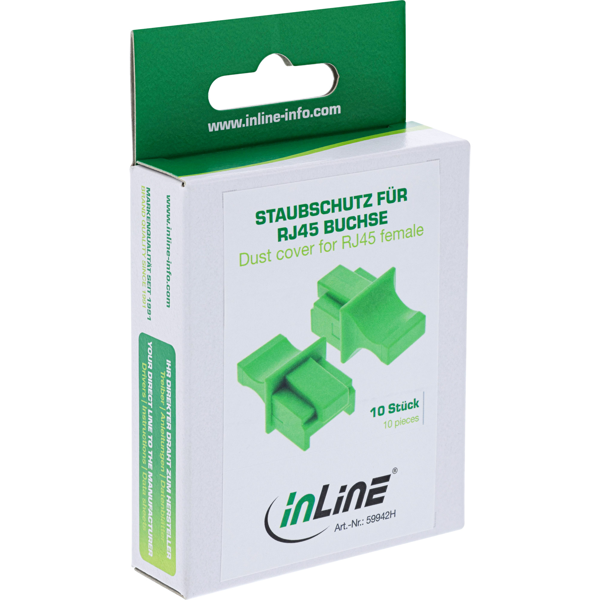 Schachtel mit grünen RJ45-Staubschutzhüllen. Text enthält das 'Inline'-Logo und Produktinformationen.