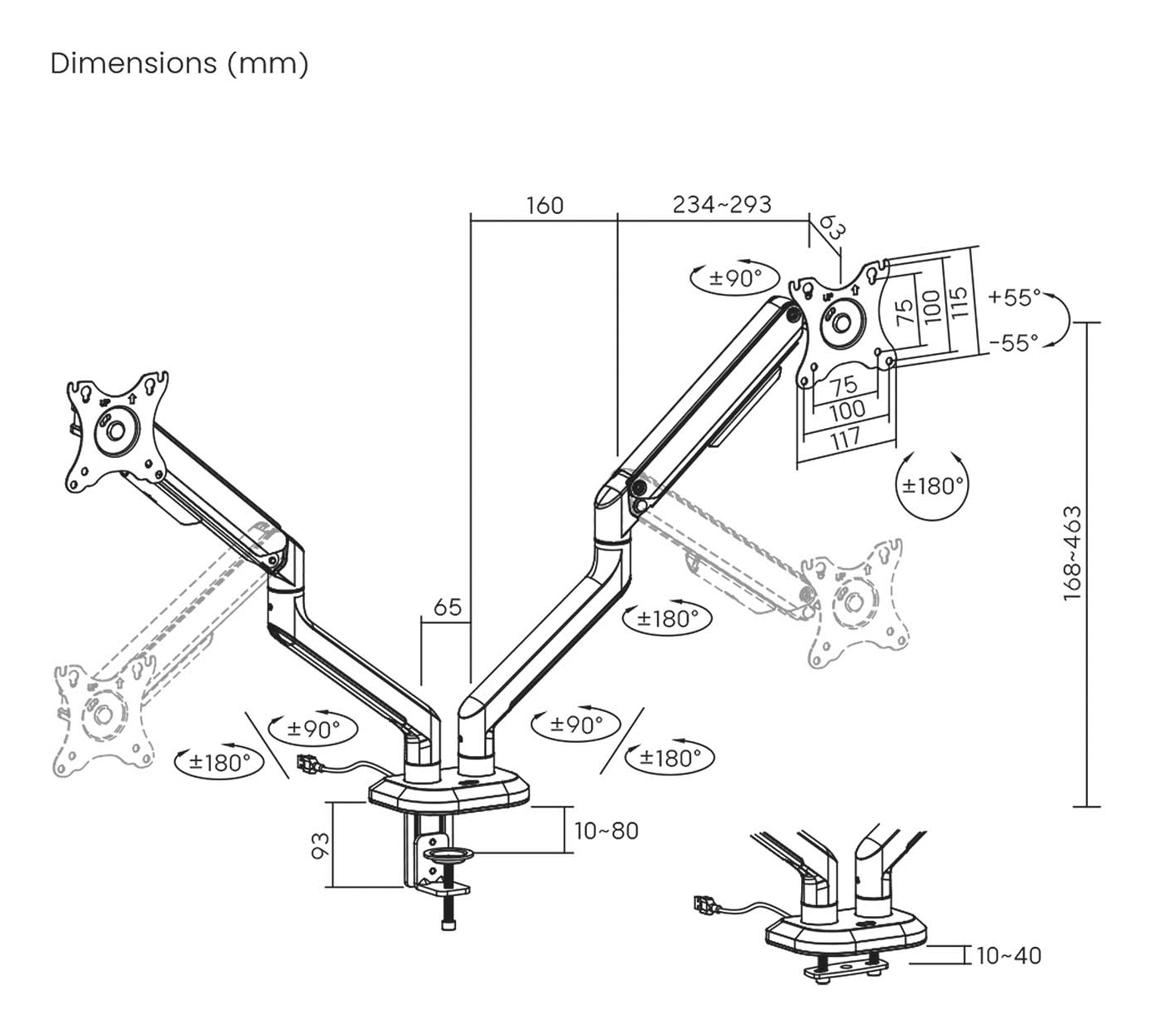 Diagrama de un brazo de monitor dual, mostrando dimensiones y grados de movimiento. Incluye medidas en milímetros y ángulos de rotación.