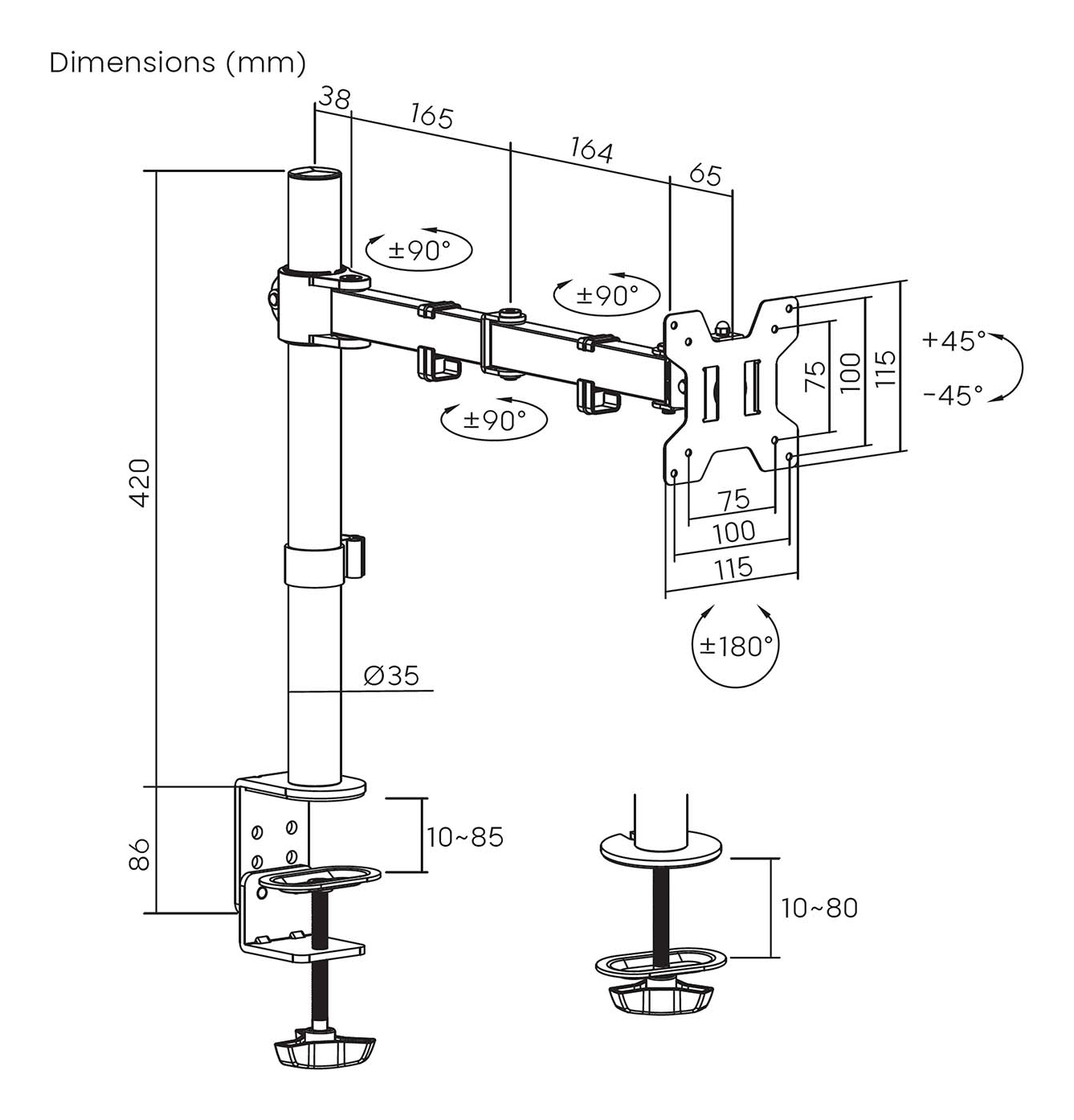 Diagrama de un soporte para monitor que muestra las dimensiones en mm. Incluye medidas de altura, anchura y ángulos de rotación.