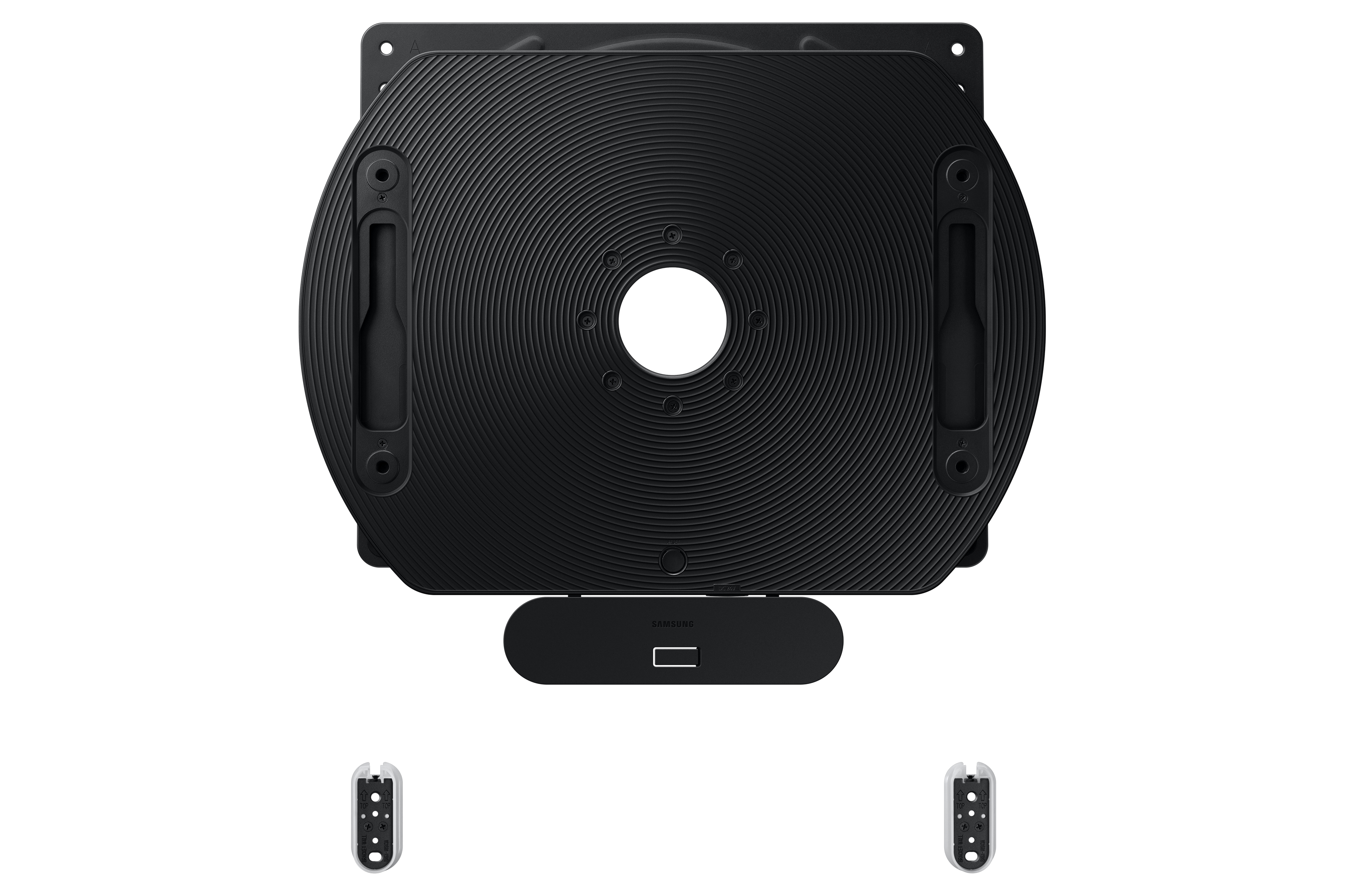 Support TV noir circulaire avec port USB et deux petits supports, le tout sur fond blanc.