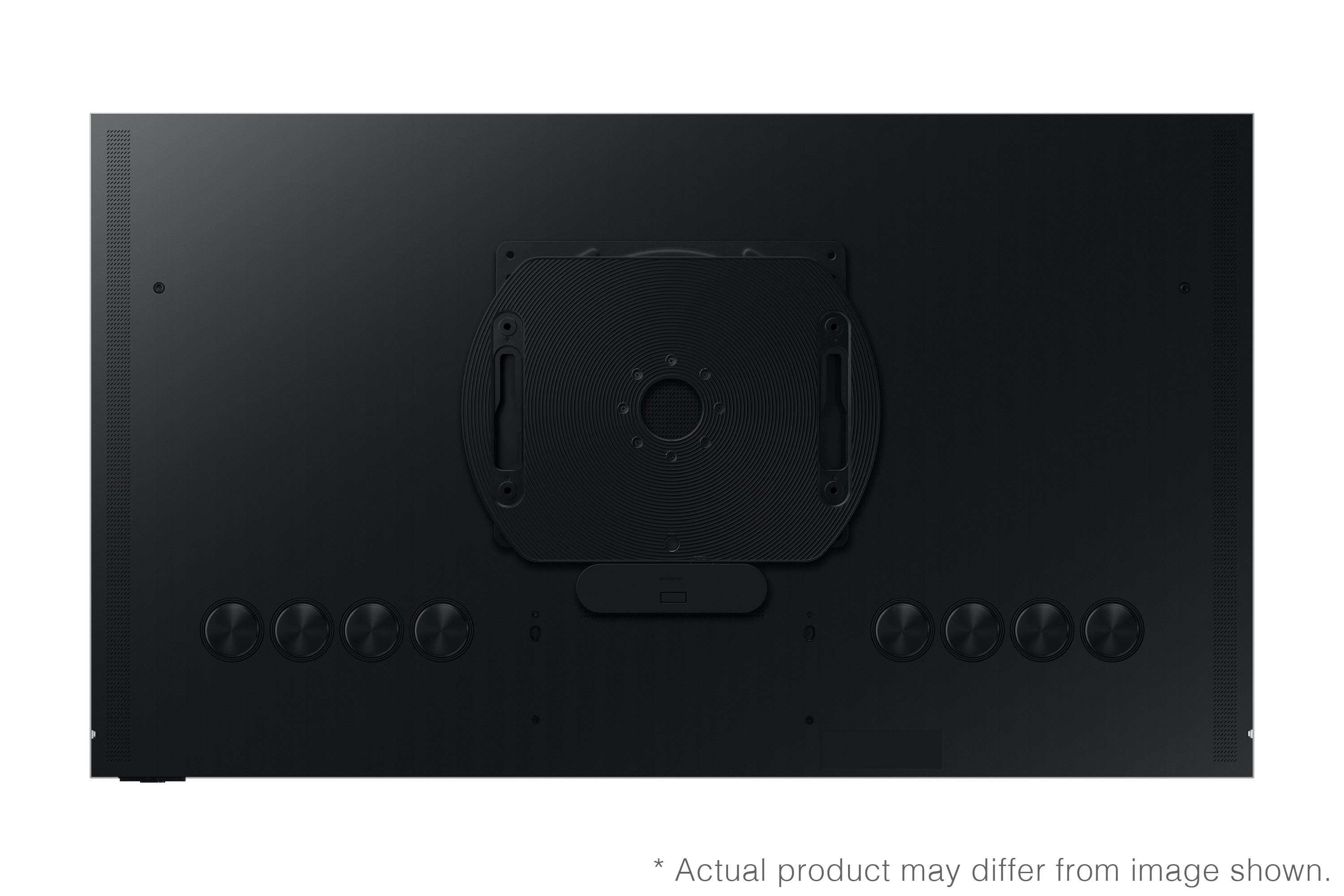 Arrière d'une télévision noire. Il comporte une plaque de montage, plusieurs boutons circulaires et une surface texturée.