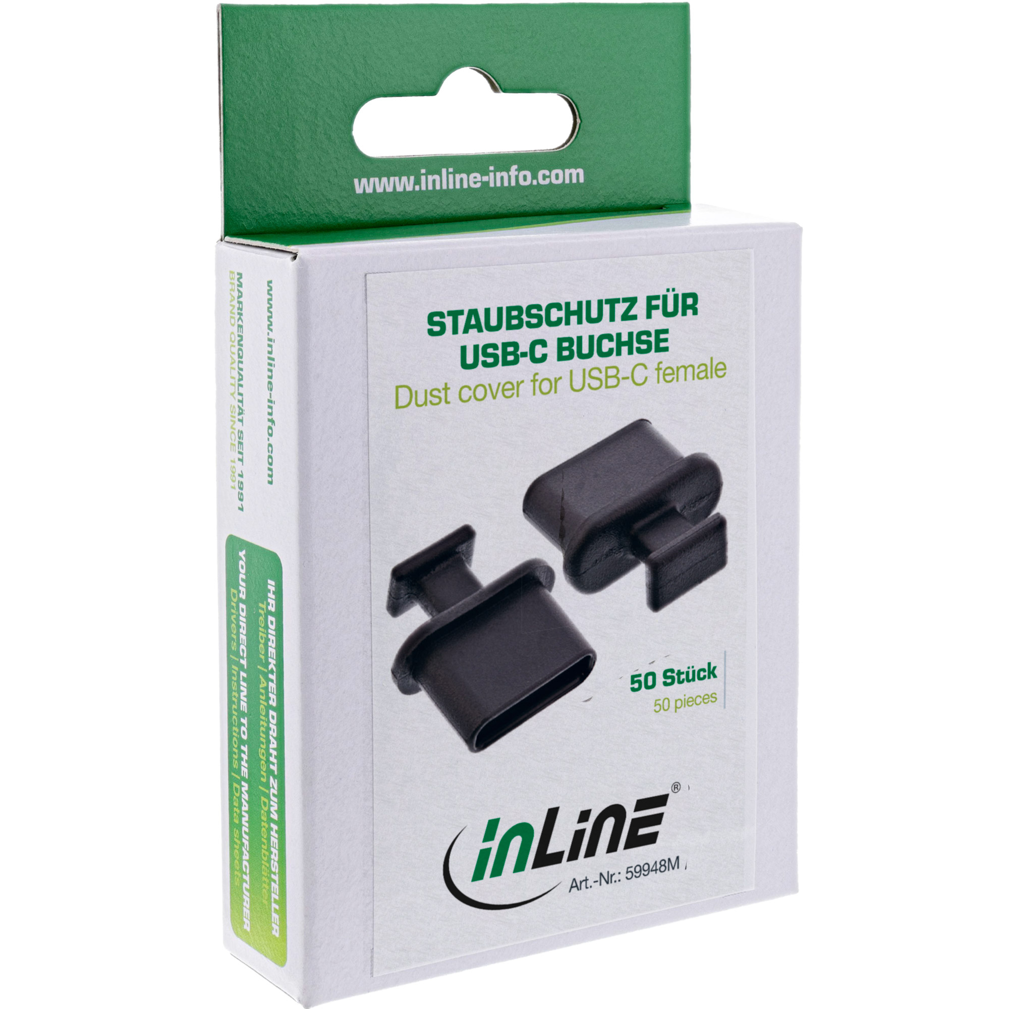 Schachtel mit USB-C-Staubschutzkappen. Schwarze Kappen und grüner Text auf weißer Schachtel. Markenlogo unten.