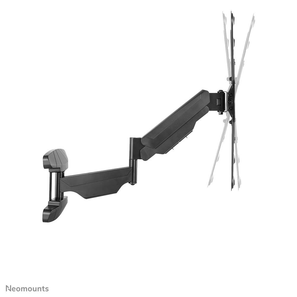 A black monitor arm with multiple joints, mounted on a white background. The arm is designed to hold a monitor.
