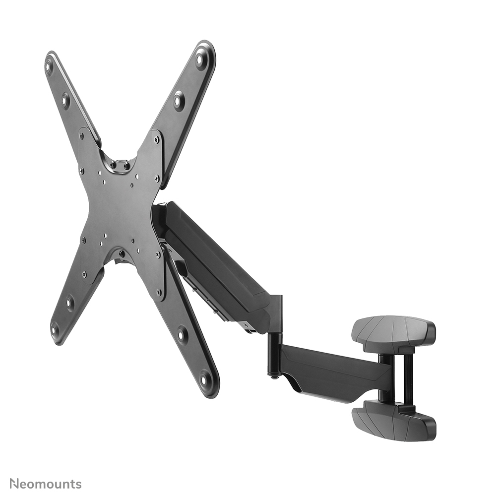 A black, articulated TV mount. The mount has a cross-shaped plate, an arm with joints, and a base for mounting on a wall.
