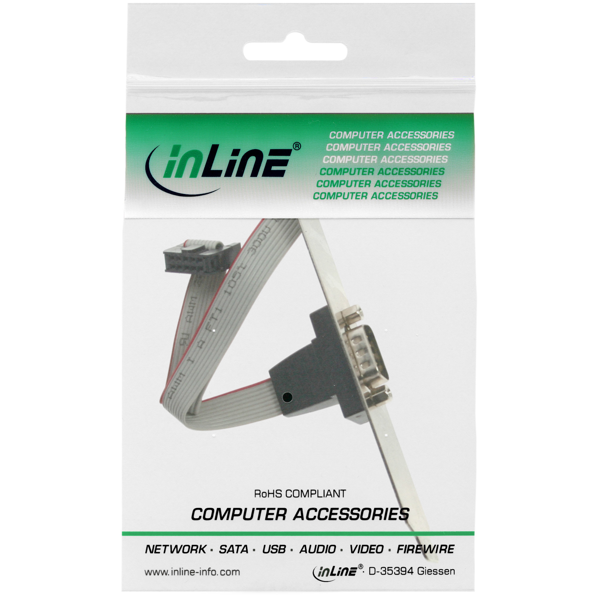 Eine Computerzubehörverpackung. Sie enthält ein graues Kabel mit Anschlüssen und das inLine-Logo.