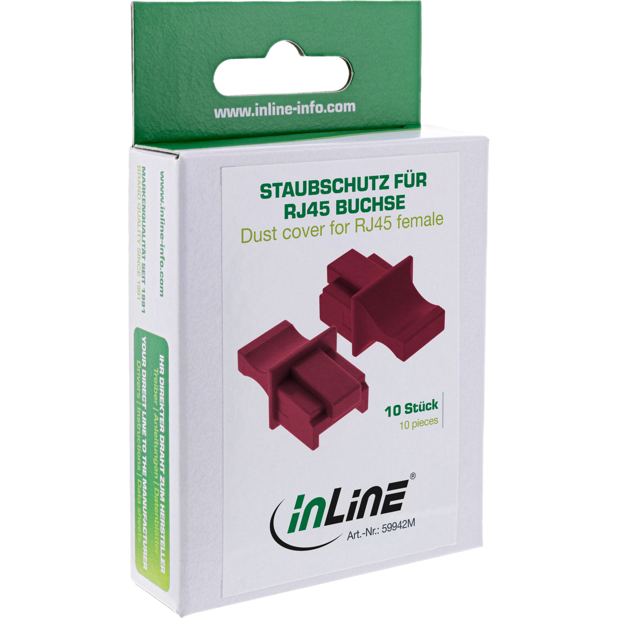 Eine Schachtel mit grünem Deckel. Sie enthält zwei rote RJ45-Staubschutzkappen. Text: 'Dust cover for RJ45 female' und '10 pieces'.