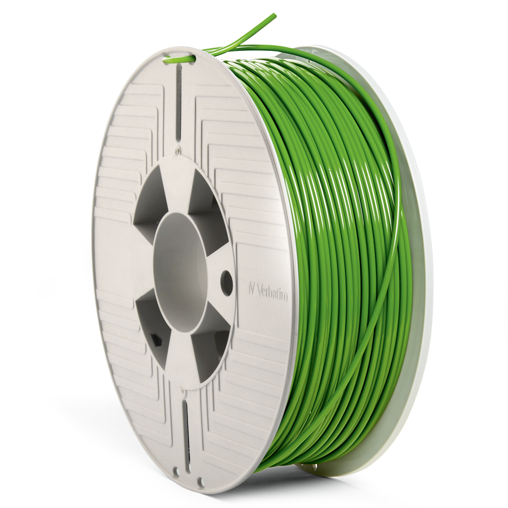 Eine Spule grünen 3D-Drucker-Filaments. Die Spule ist weiß mit einem grauen Mittelteil. Das Verbatim-Logo ist sichtbar.