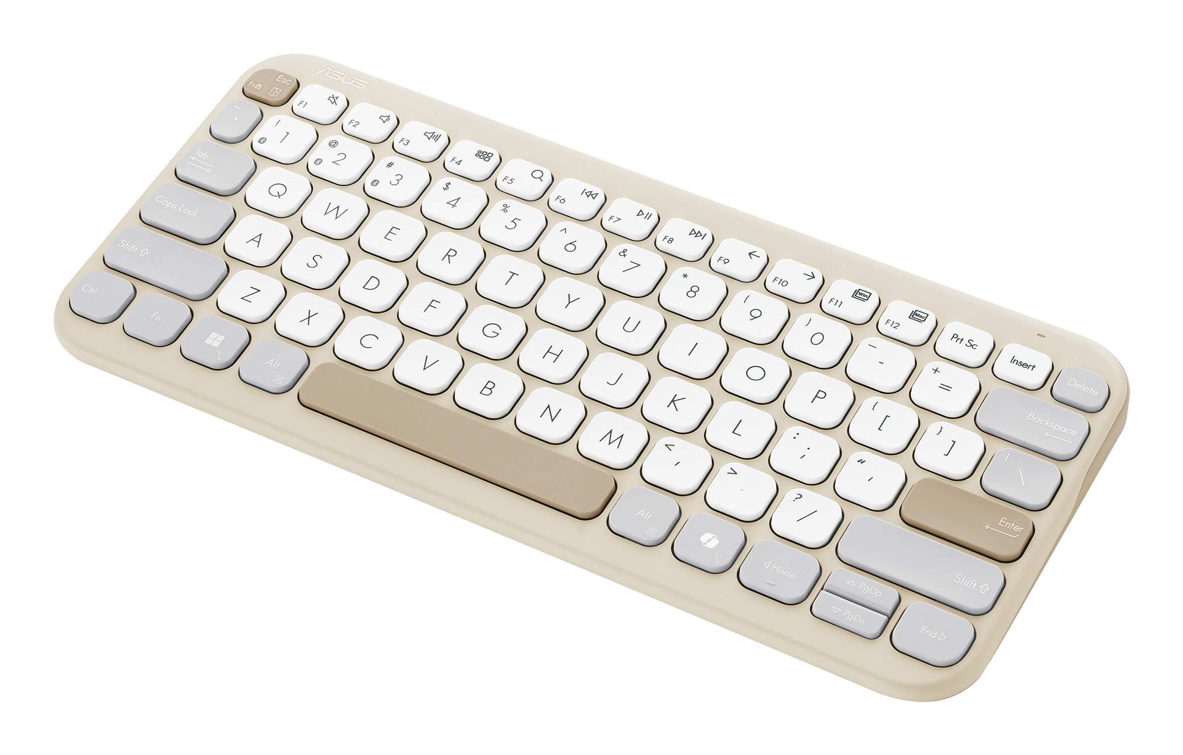 Una tastiera wireless beige e bianca con lettere, numeri e simboli. Il logo ASUS è in alto.