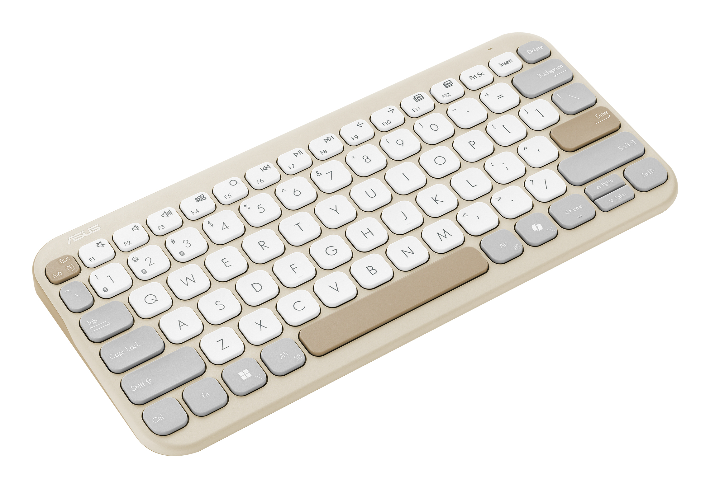 Una tastiera wireless beige e bianca con layout standard. I tasti sono bianchi con lettere nere.