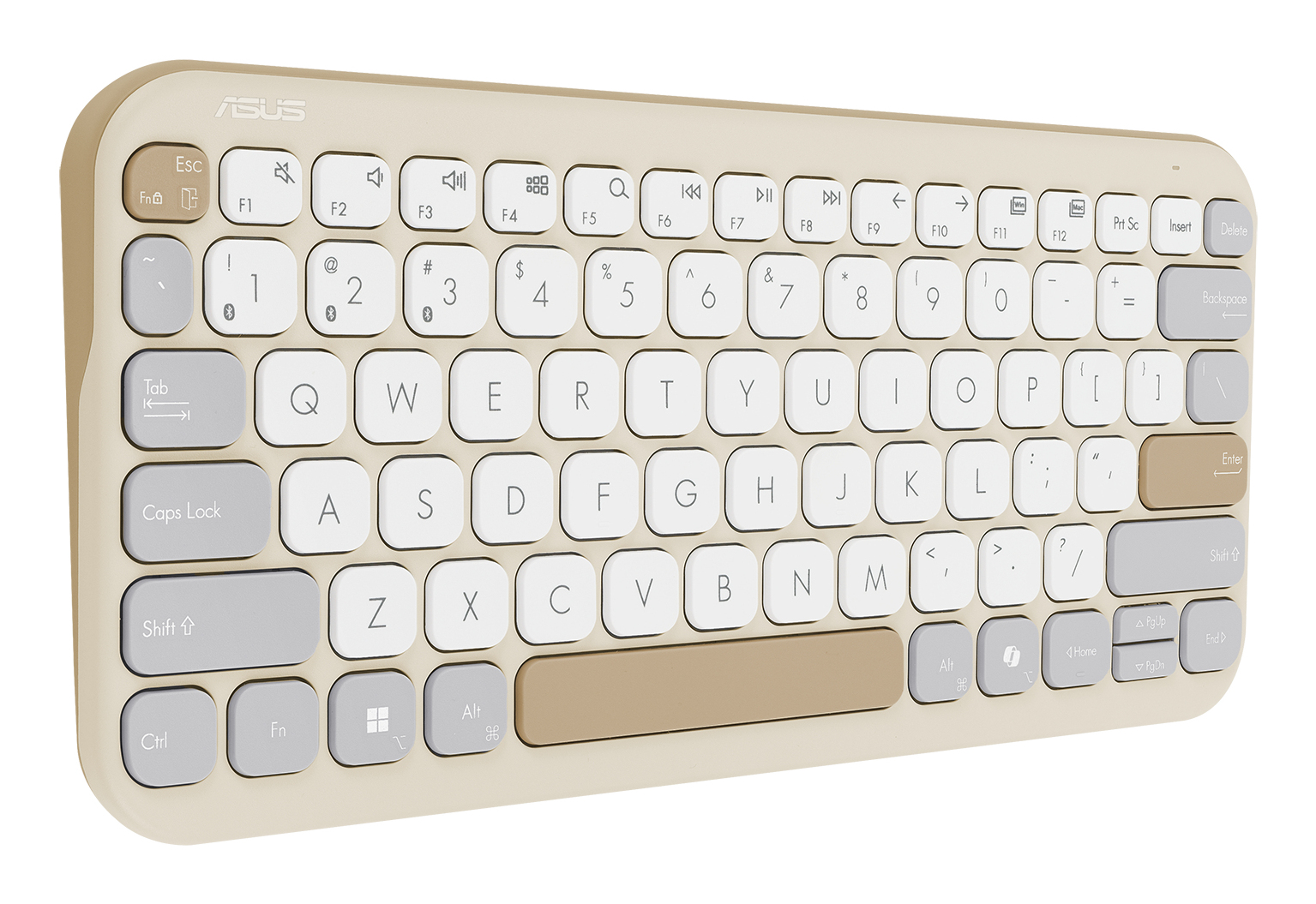 Una tastiera ASUS wireless beige con tasti bianchi. Tasti grigi per Shift, Caps Lock e Ctrl. Tasti funzione in alto.