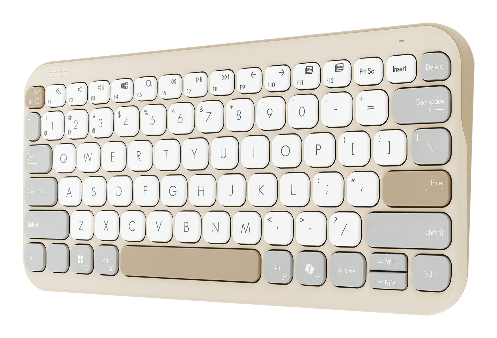 Tastiera ASUS beige con tasti bianchi, grigi e marroni. Lettere e numeri visibili. Scatto angolato.