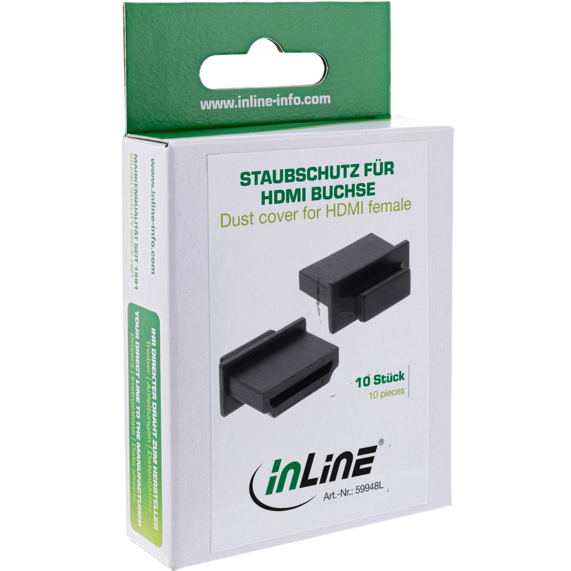 Eine weiße Schachtel mit grünem Deckel und Text. Sie enthält zwei schwarze HDMI-Staubschutzkappen. Die Marke ist InLine.