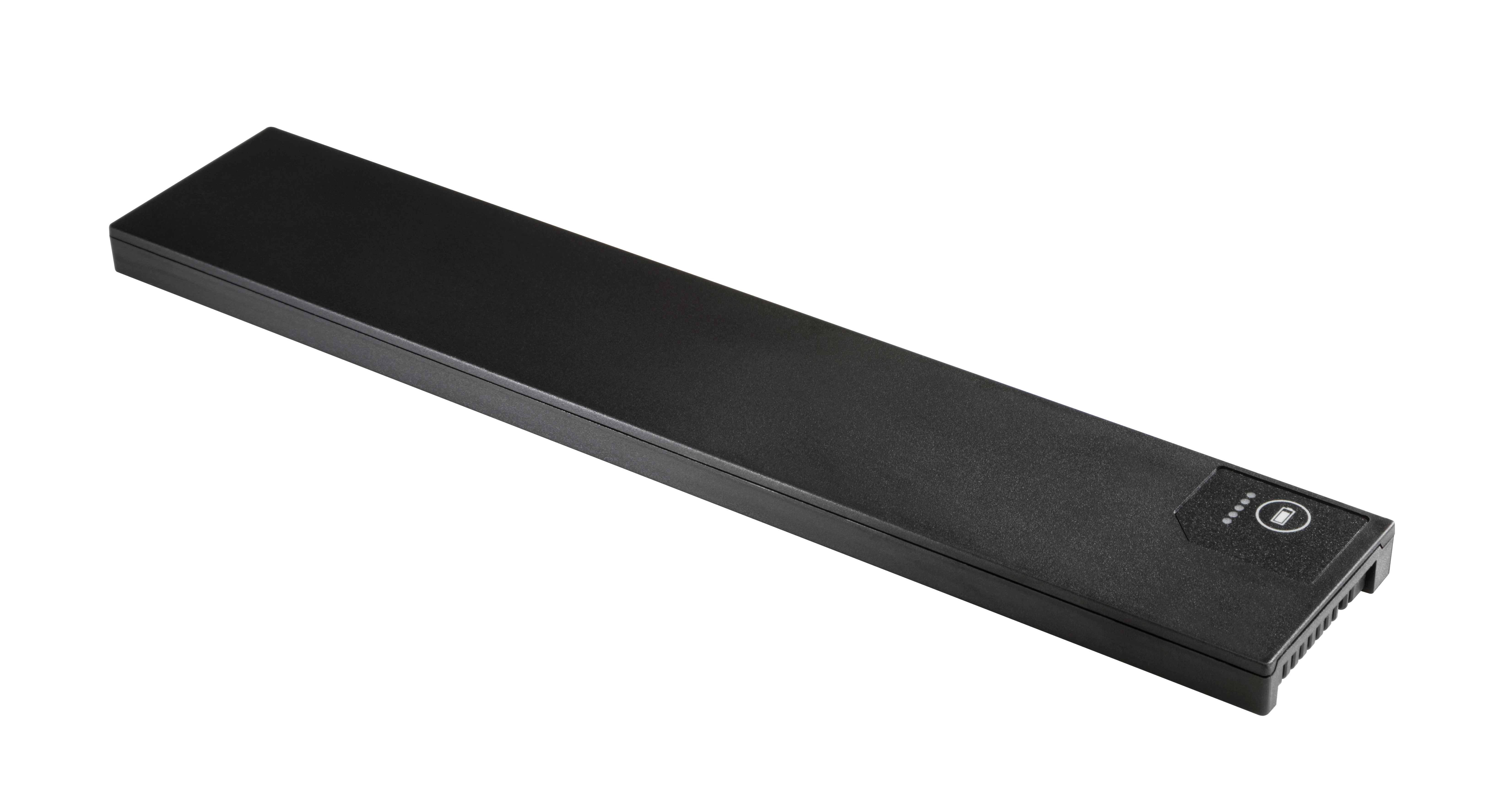 Długi, czarny, prostokątny akumulator na białym tle. Posiada wskaźnik zasilania z pięcioma kropkami.