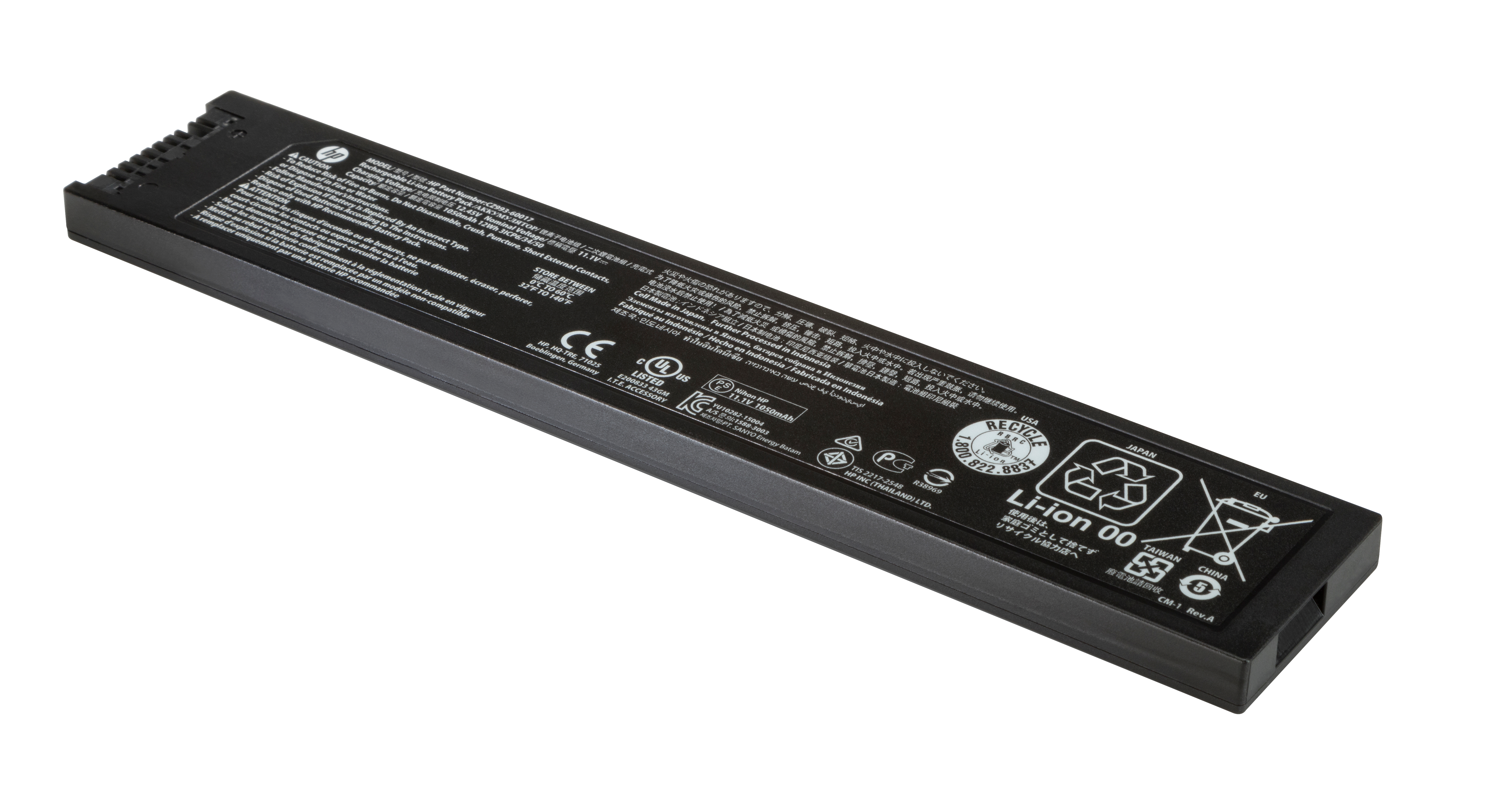 Czarny prostokątny akumulator do laptopa z tekstem i symbolami. Zawiera informacje dotyczące recyklingu i bezpieczeństwa.