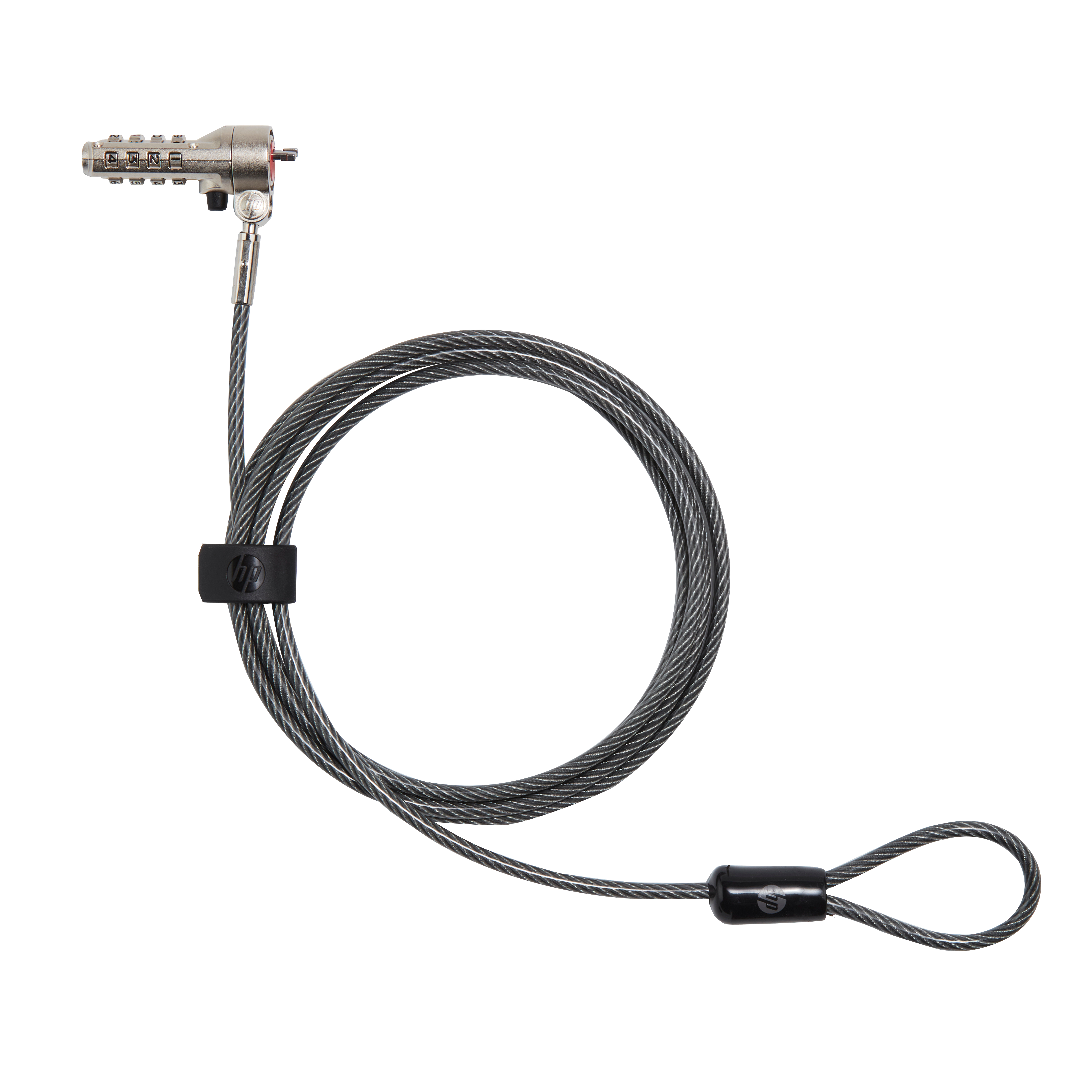 Un candado de combinación HP con cable de acero sobre fondo blanco. El candado es plateado y negro.