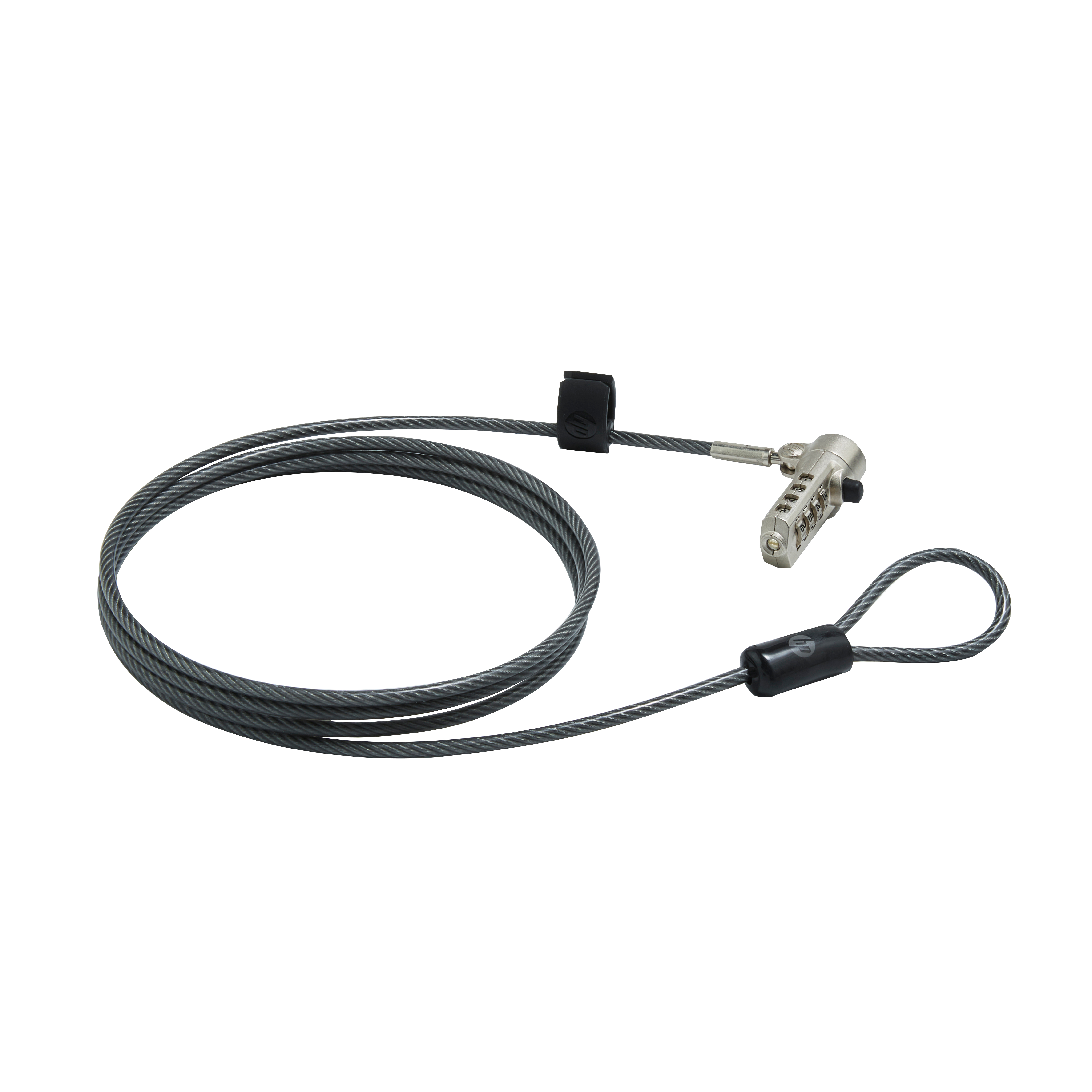 Un cable de seguridad gris con cerradura de combinación. El cable está enrollado. La cerradura tiene números.