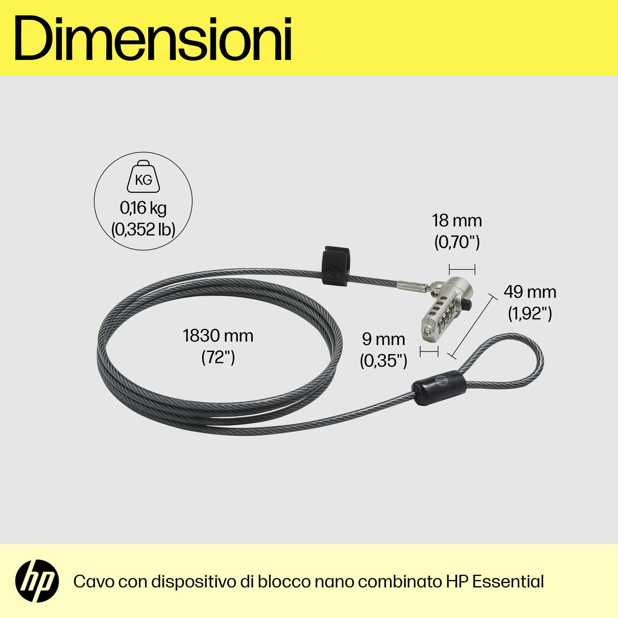 La imagen muestra un candado de cable con medidas. El texto incluye: 0,16 kg, 1830 mm, 9 mm, 18 mm y 49 mm.