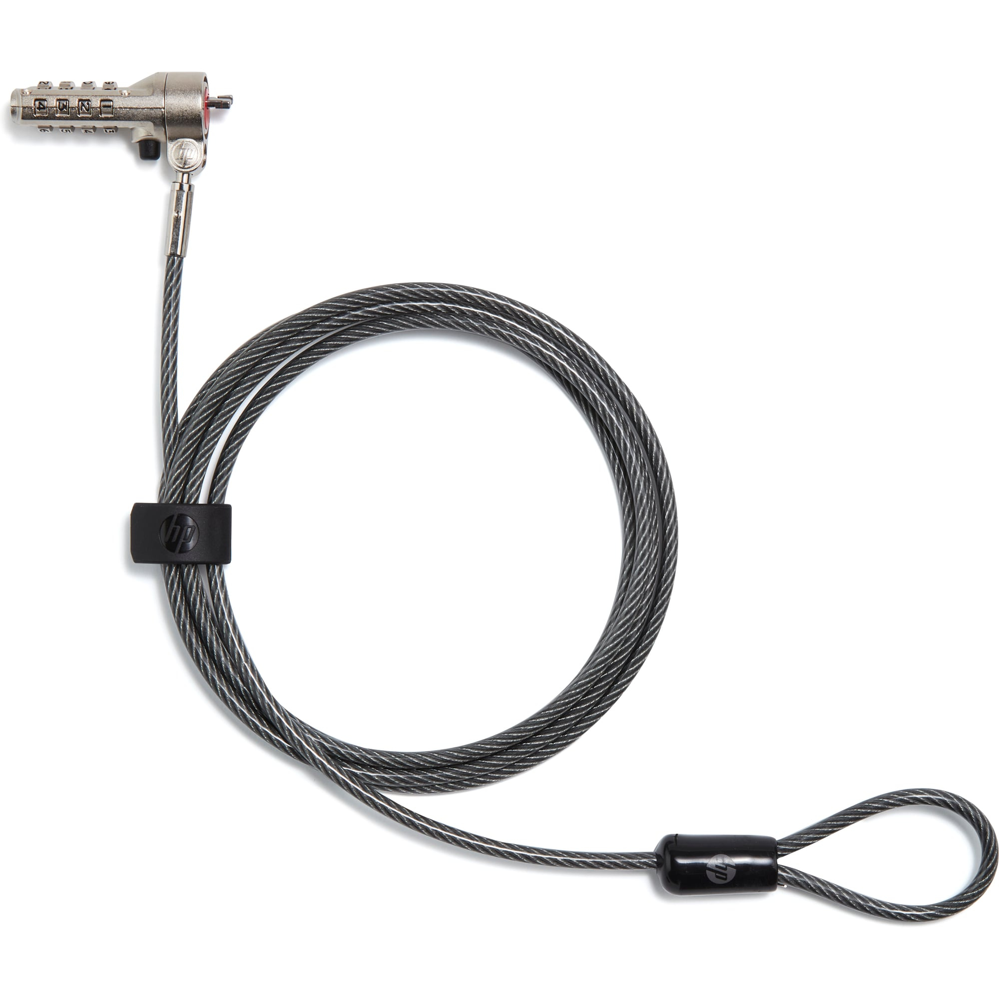 Un cable de seguridad HP con cerradura de combinación y bucle. El cable es gris y está sobre fondo blanco.