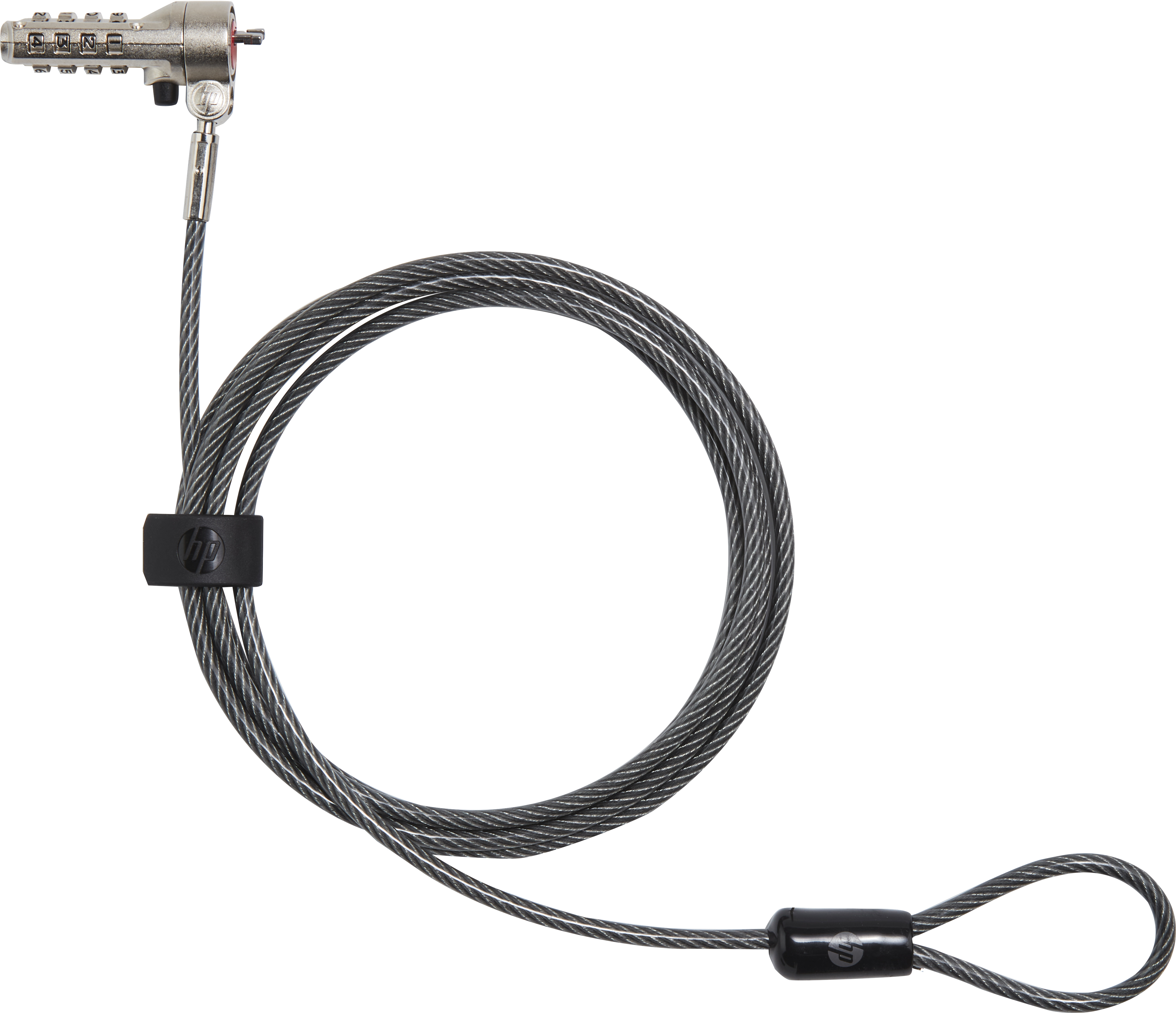 Un candado de combinación plateado con cable de acero, logo negro de HP. Fondo blanco.