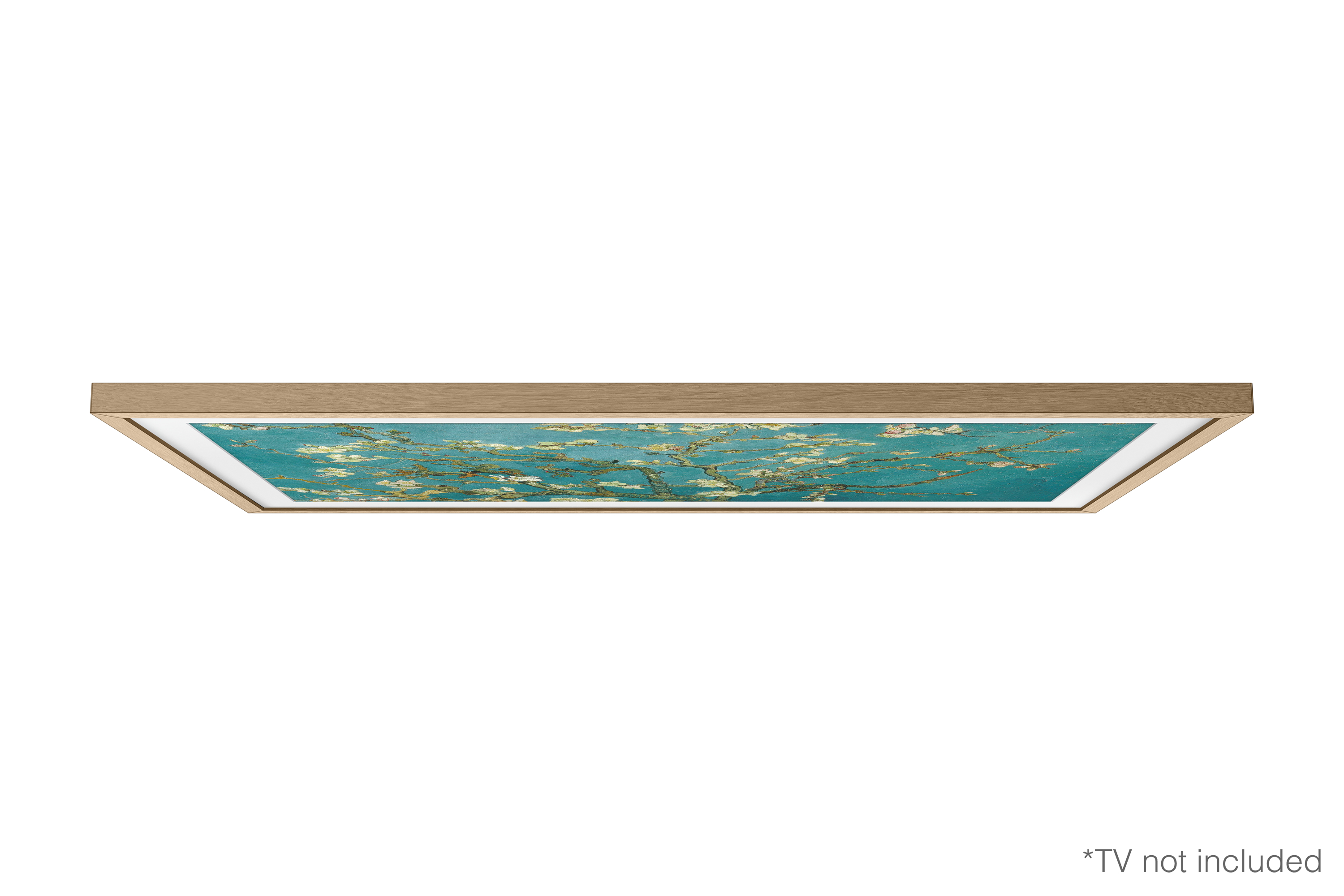 Ein gerahmtes Kunstwerk, geneigt, auf weißem Hintergrund. Das Gemälde zeigt Seerosen in einem See.
