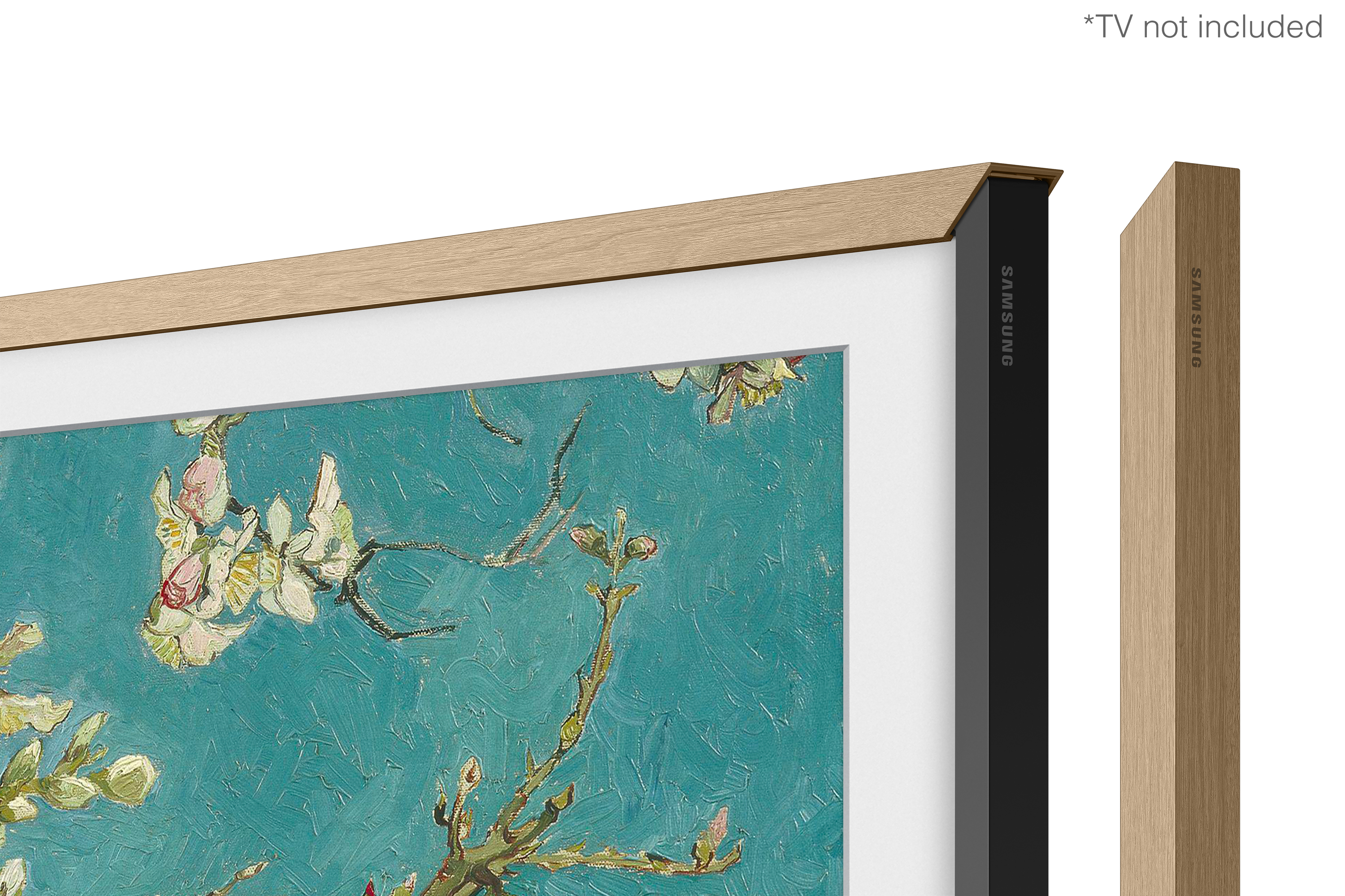 Ein gerahmtes Kunstwerk mit einem Blumenbild. Ein Holzrahmen umgibt das Gemälde. Auf der rechten Seite befinden sich Holzproben.