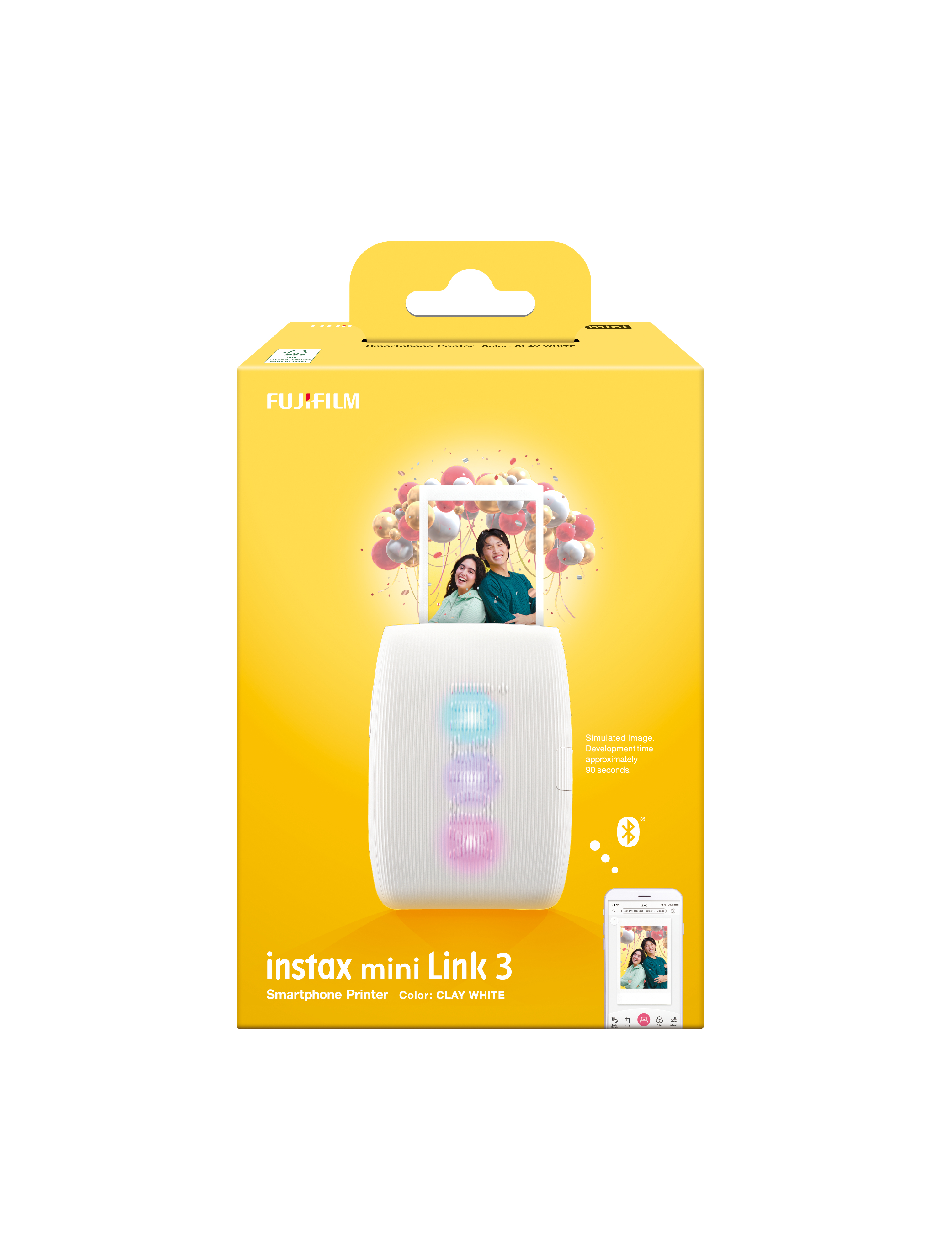 Ein weißer instax mini Link 3 Drucker auf einer gelben Schachtel, mit einem Foto eines Paares. Die Box sagt Fujifilm.