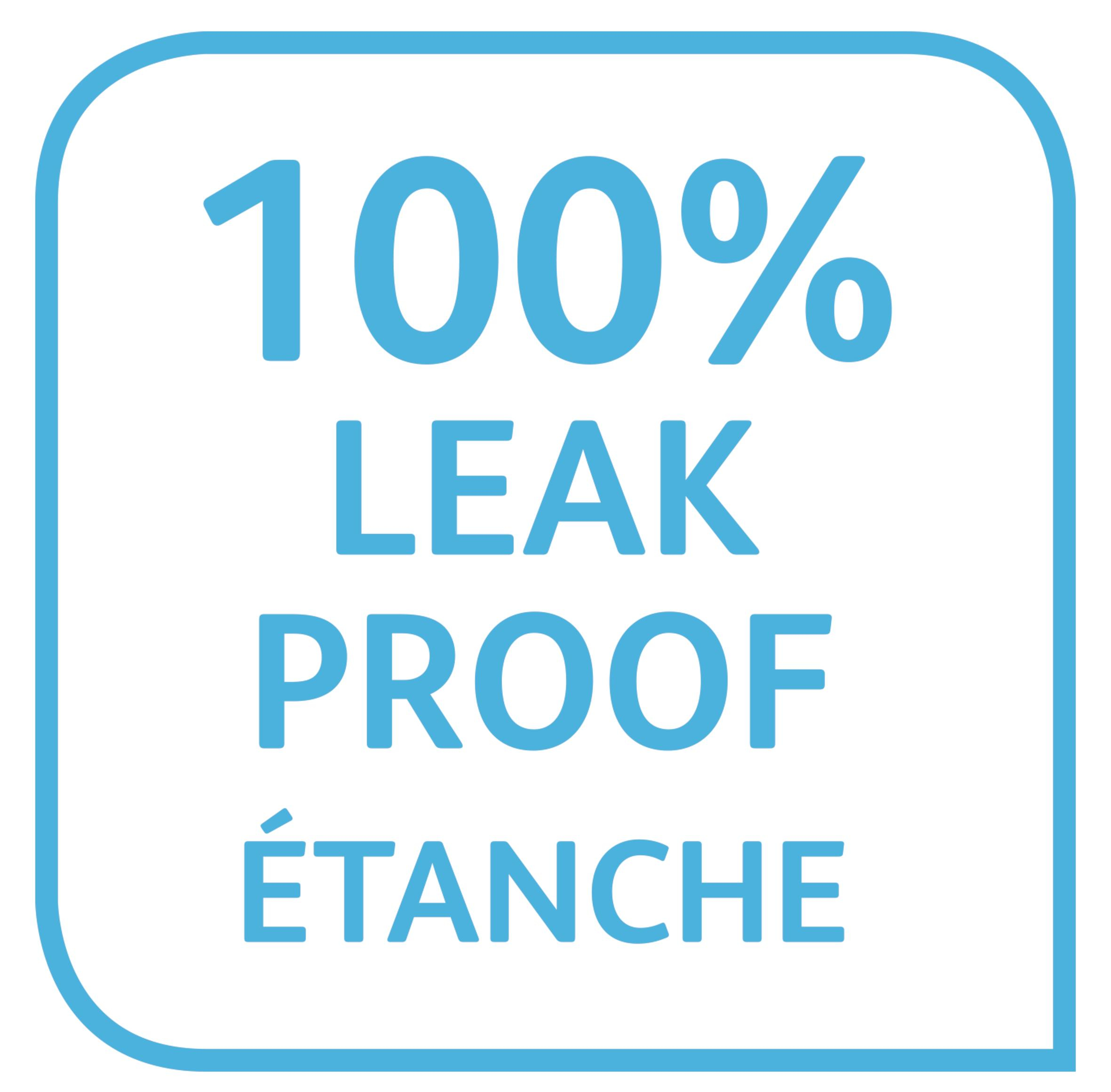 Fondo blanco con cuadrado azul. Dice "100% LEAK PROOF ÉTANCHE" en azul.