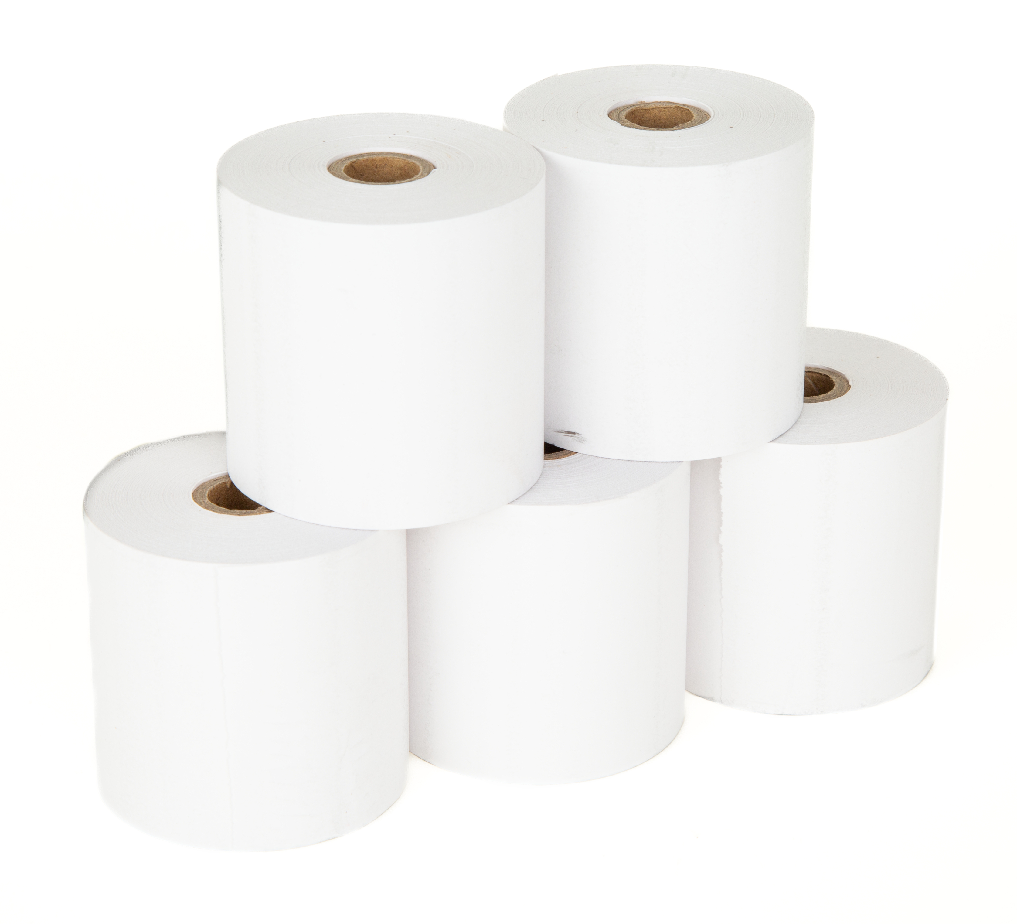Pięć białych rolek papieru ułożonych na białym tle. Rolki mają brązowe kartonowe rdzenie.