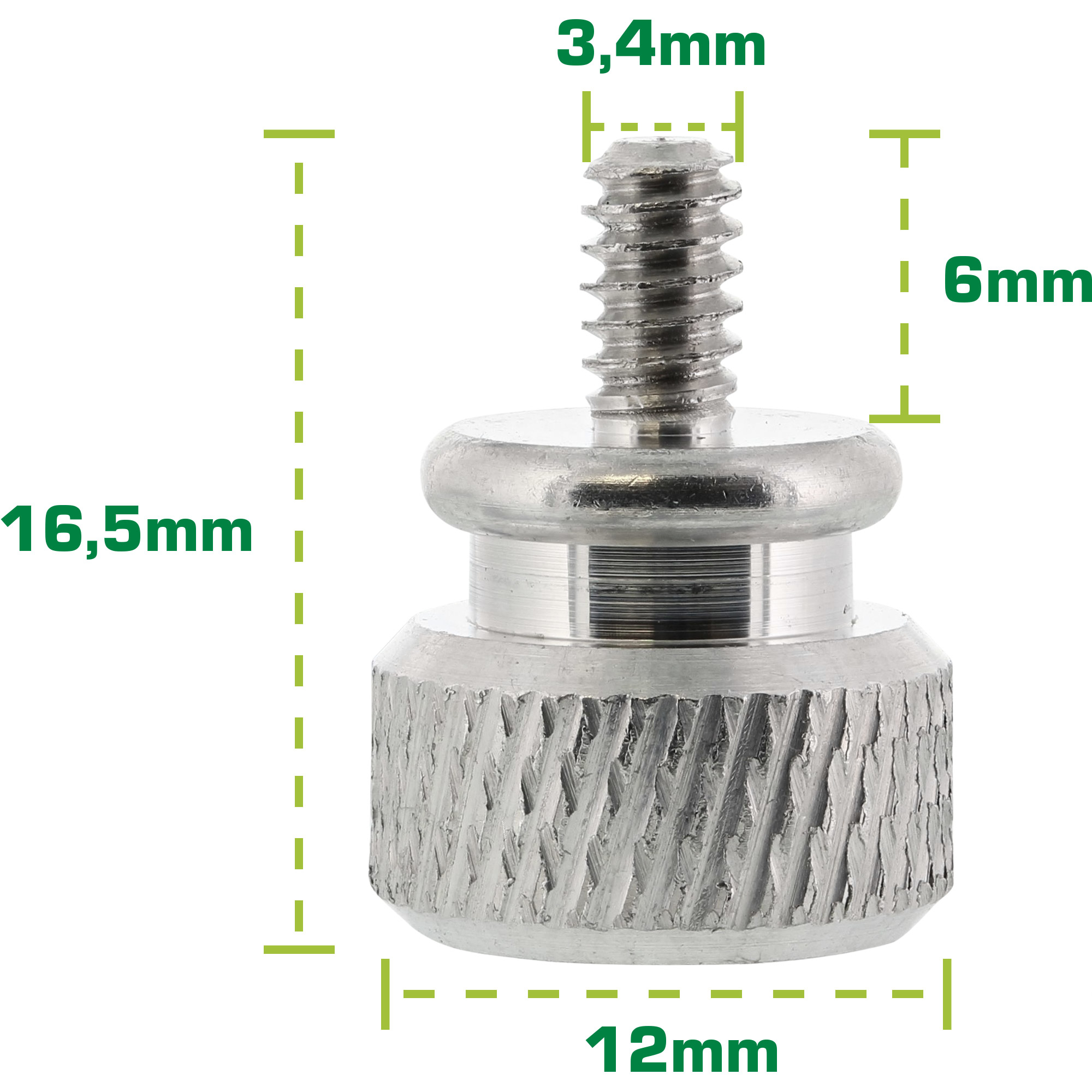 Eine Metallschraube mit Maßangaben in mm. Sie hat ein Gewinde oben, einen glatten Mittelteil und eine gerändelte Basis.