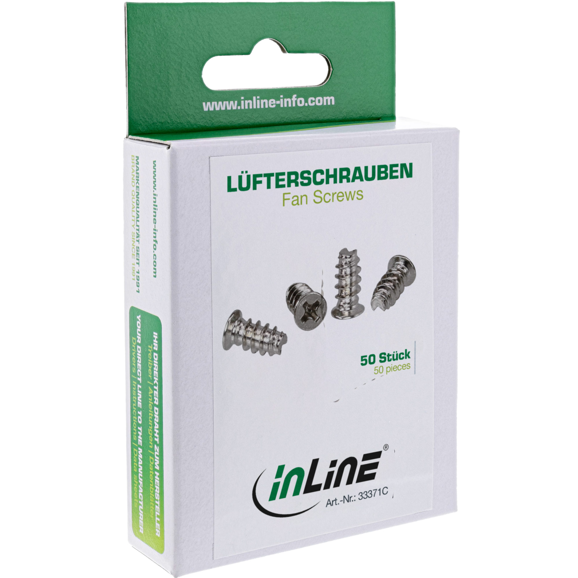 Eine Schachtel mit Lüfterschrauben der Marke 'inLine'. Die Schachtel ist weiß mit grünen Akzenten und trägt den Produktnamen.