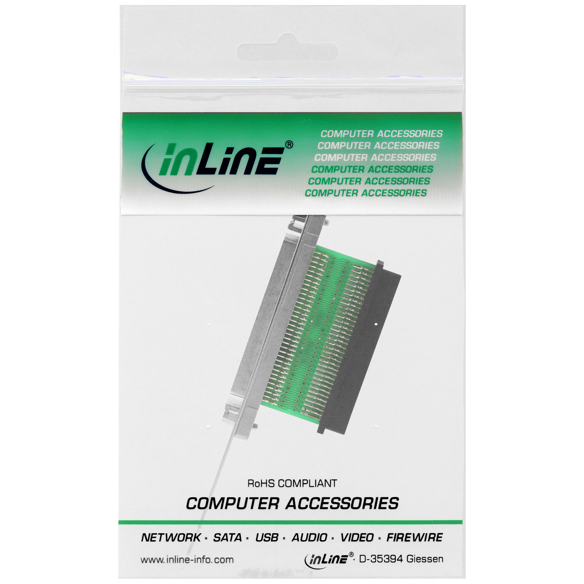 Ein Computerbauteil in einer Plastikverpackung. Das Bauteil ist grün und silber, mit Text 'inLine' und 'Computer Zubehör'.