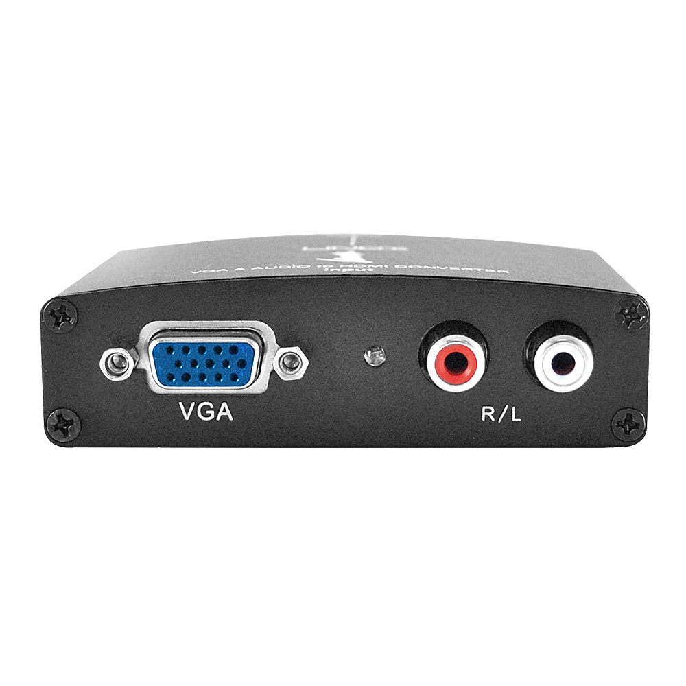 Schwarzer VGA-zu-HDMI-Konverter. Er hat einen VGA-Anschluss, zwei Audioanschlüsse (R/L) und vier Schrauben.