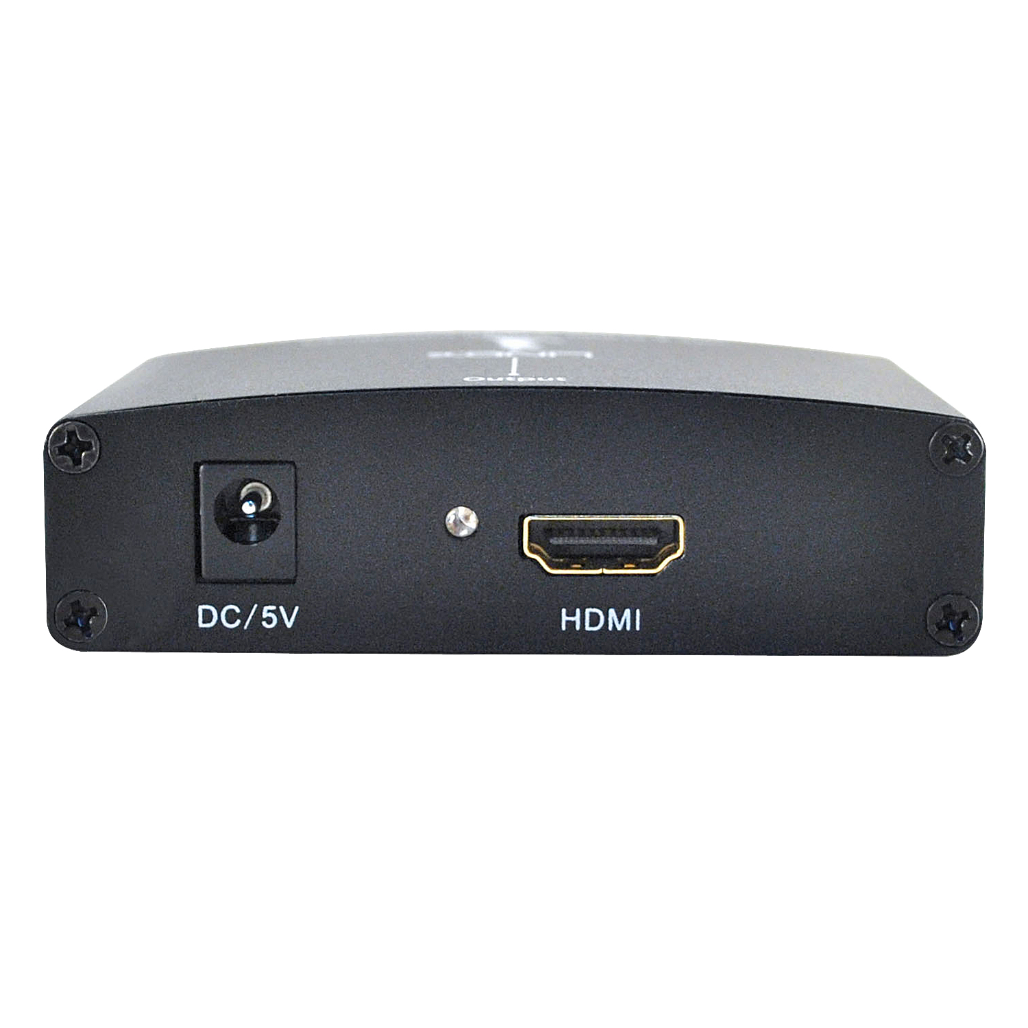 Schwarzes Gerät mit HDMI-Anschluss, DC/5V-Eingang und Schrauben. Text: HDMI, DC/5V. Der Hintergrund ist weiß.