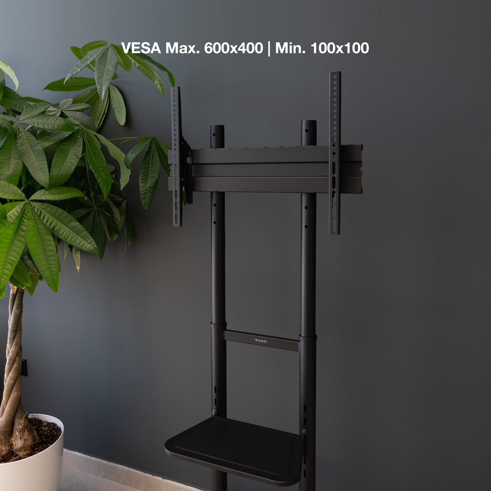 Un soporte de TV negro con estante, planta a la izquierda, fondo de pared gris. VESA Max. 600x400 | Min. 100x100.