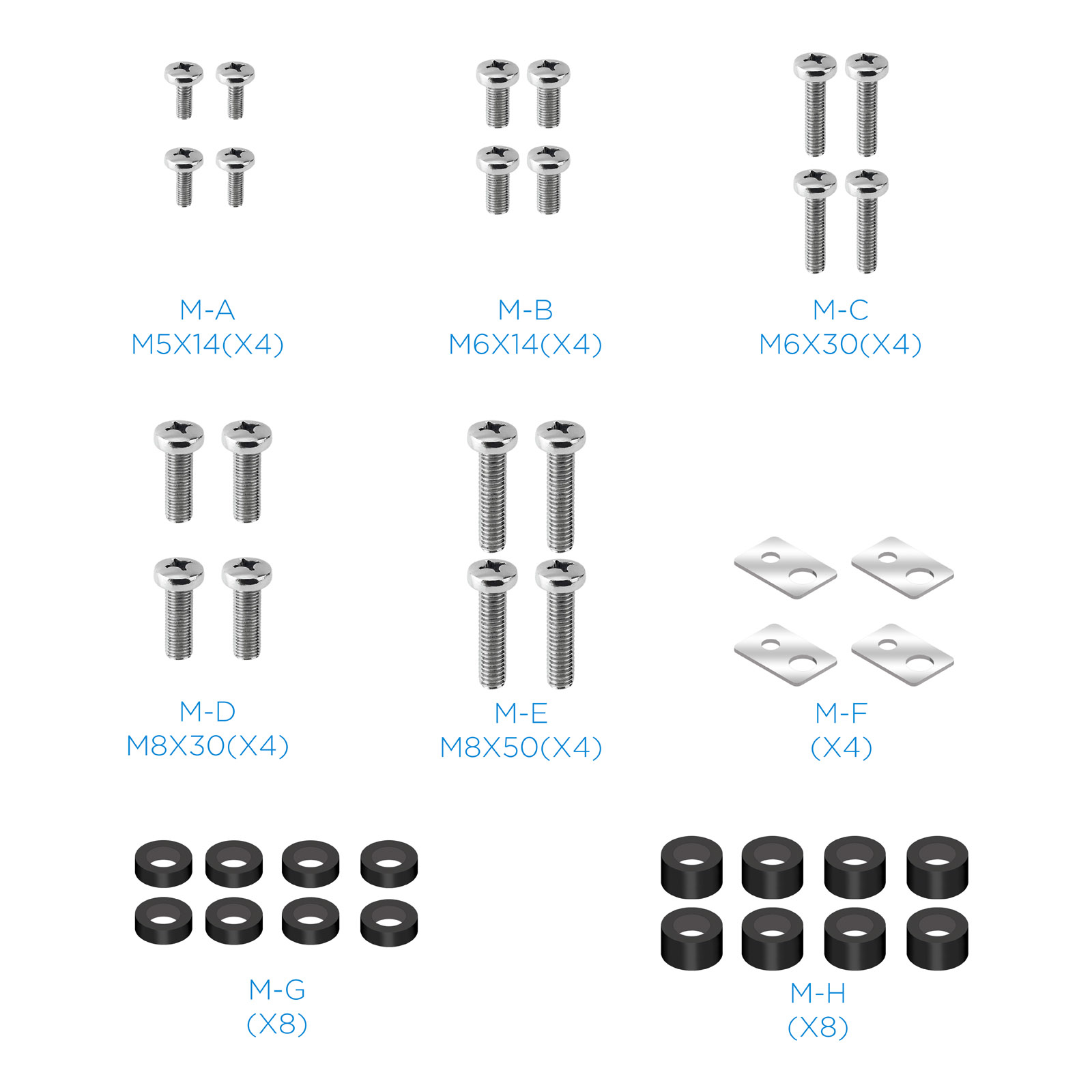 La imagen muestra varios tornillos, arandelas y placas de metal etiquetadas de M-A a M-H, cada elemento con una descripción de tamaño.