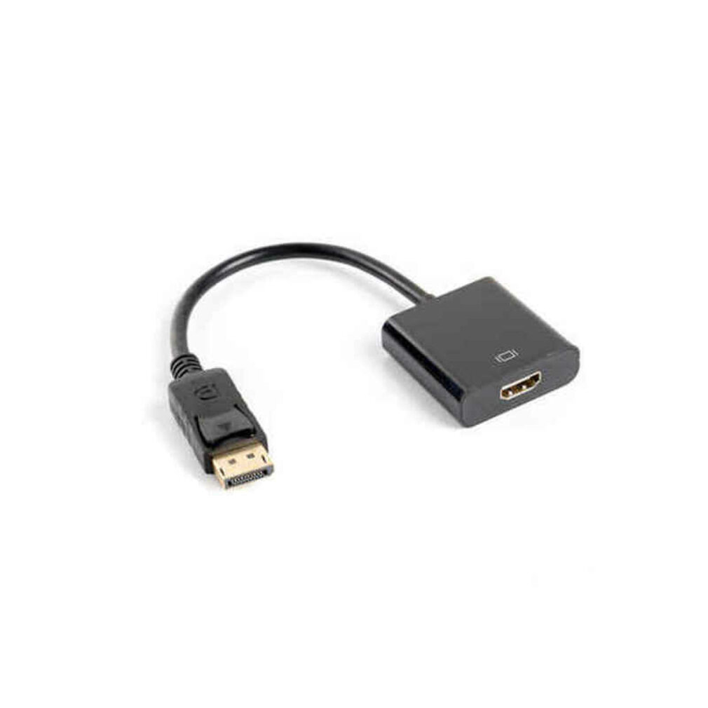 Adaptador negro de DisplayPort a HDMI sobre fondo blanco. Conector DisplayPort a la izquierda, HDMI a la derecha.