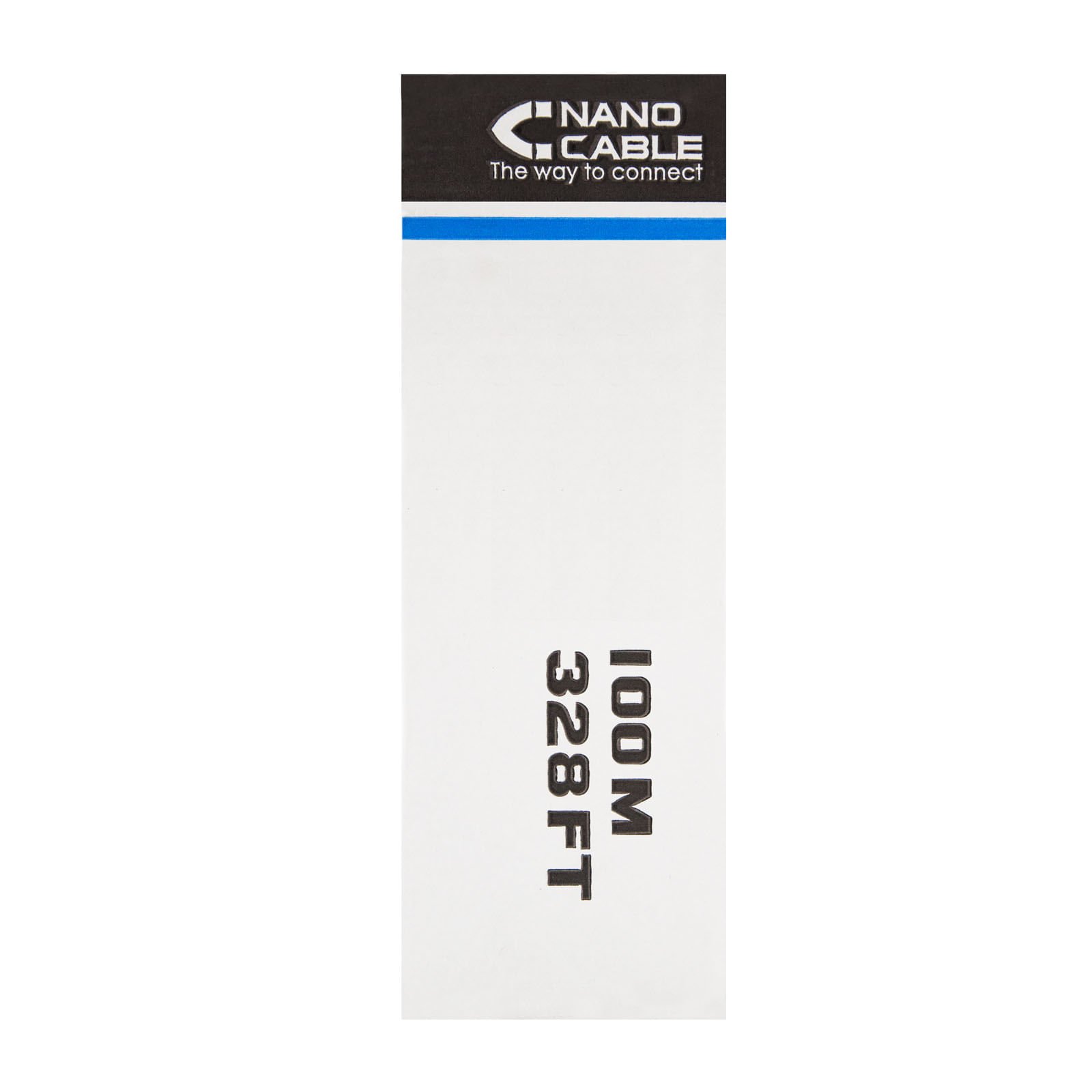Een witte verpakking met Nano Cable-logo, blauwe streep en tekst: 100M 328FT.