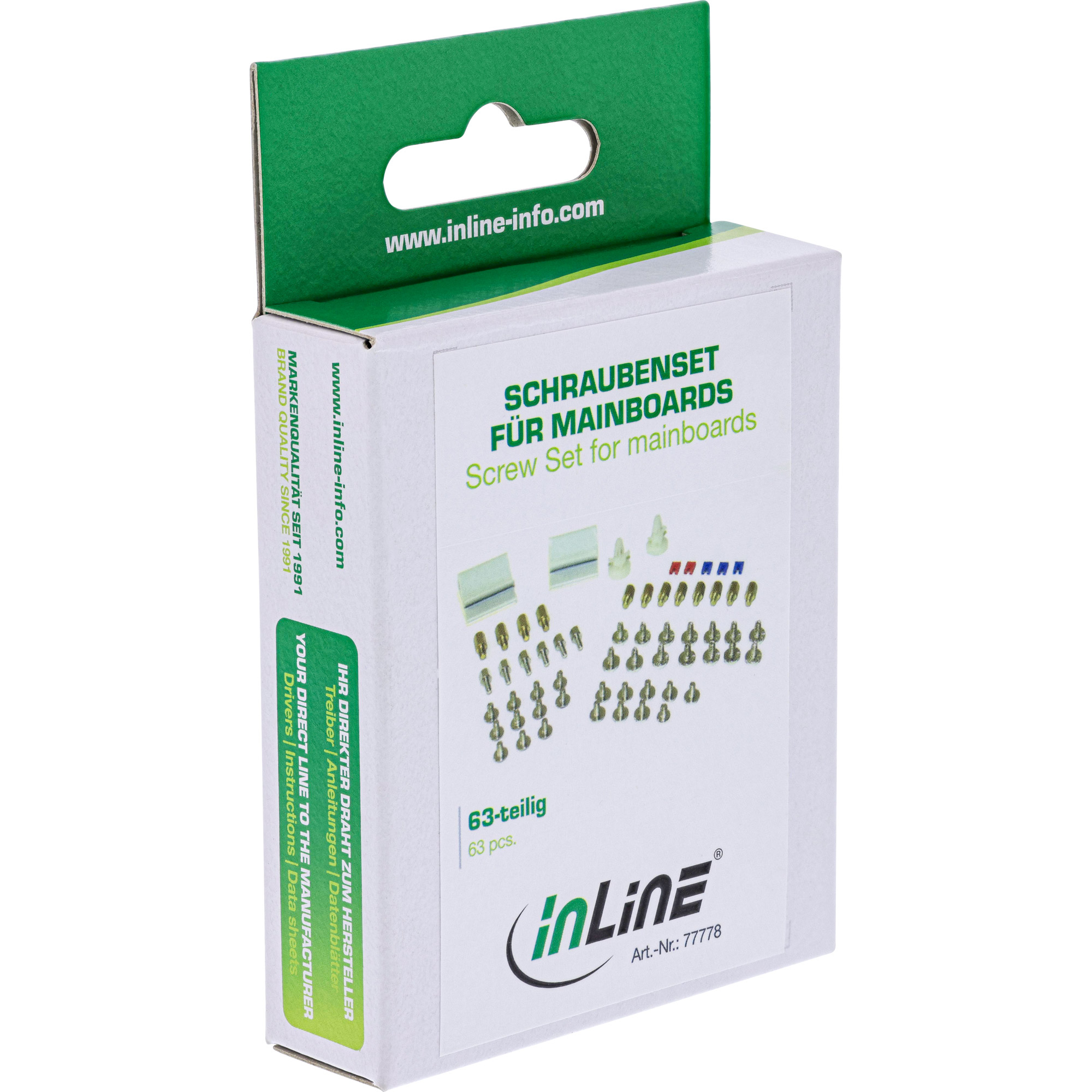 Eine weiße Schachtel mit Schraubensets für Mainboards. Text enthält die Marke Inline und die Webadresse www.inline-info.com.