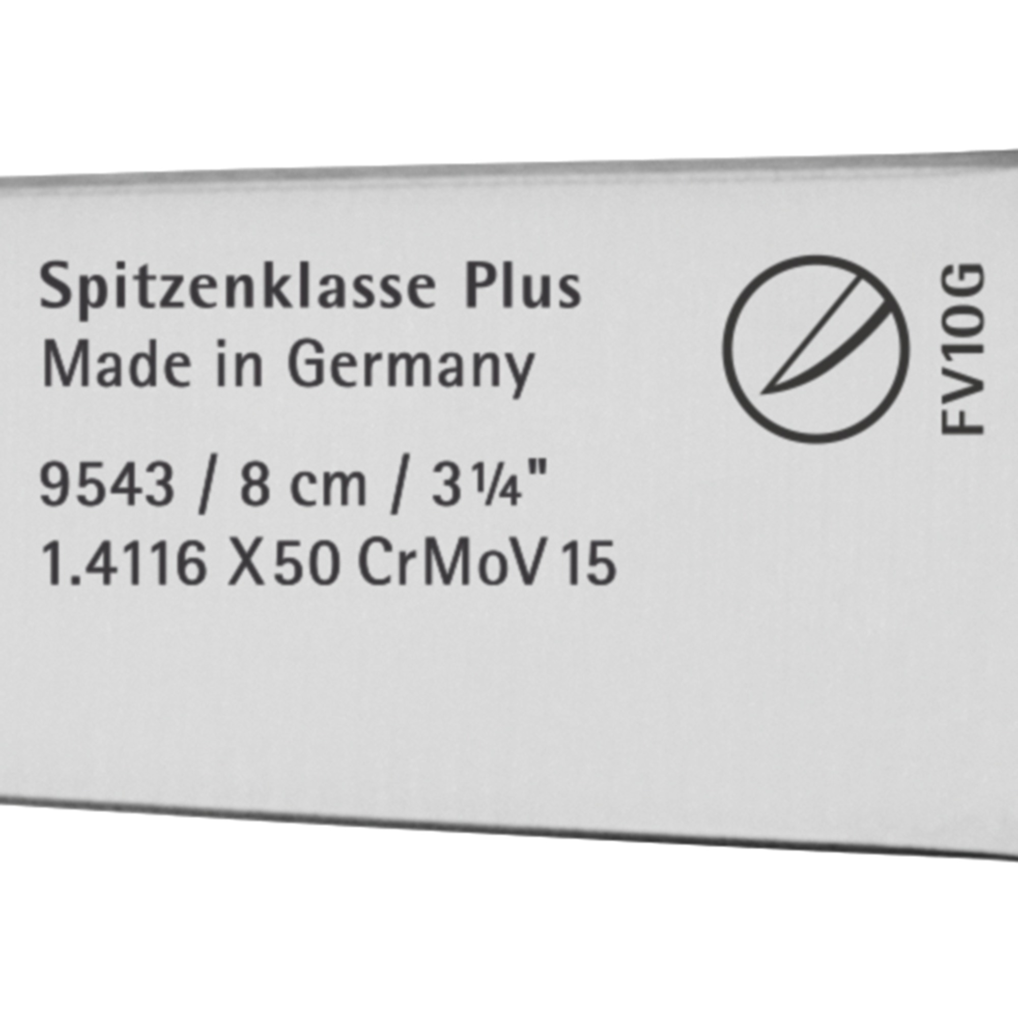 Ein weißes Etikett mit Text: Spitzenklasse Plus Made in Germany, Produktinfo und ein Logo mit FV10G.