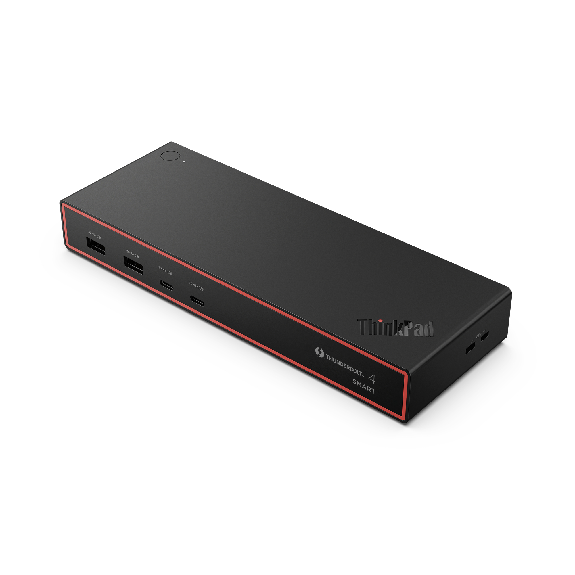 Un dock ThinkPad Thunderbolt 4 Smart negro con detalles rojos. Tiene varios puertos y un botón de encendido, sobre un fondo blanco.