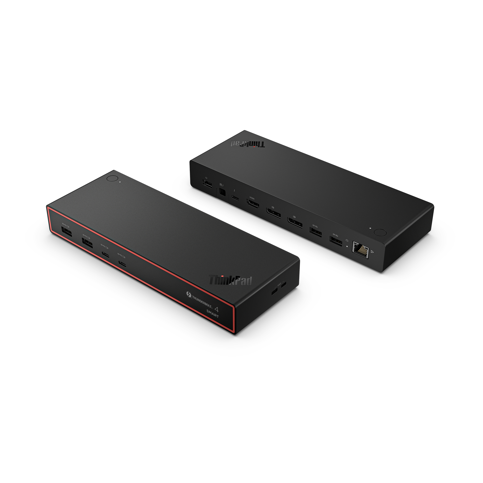 Zwei schwarze ThinkPad Thunderbolt 4 Smart Docks auf weißem Untergrund. Eines hat einen roten Rand. Beide haben Anschlüsse.