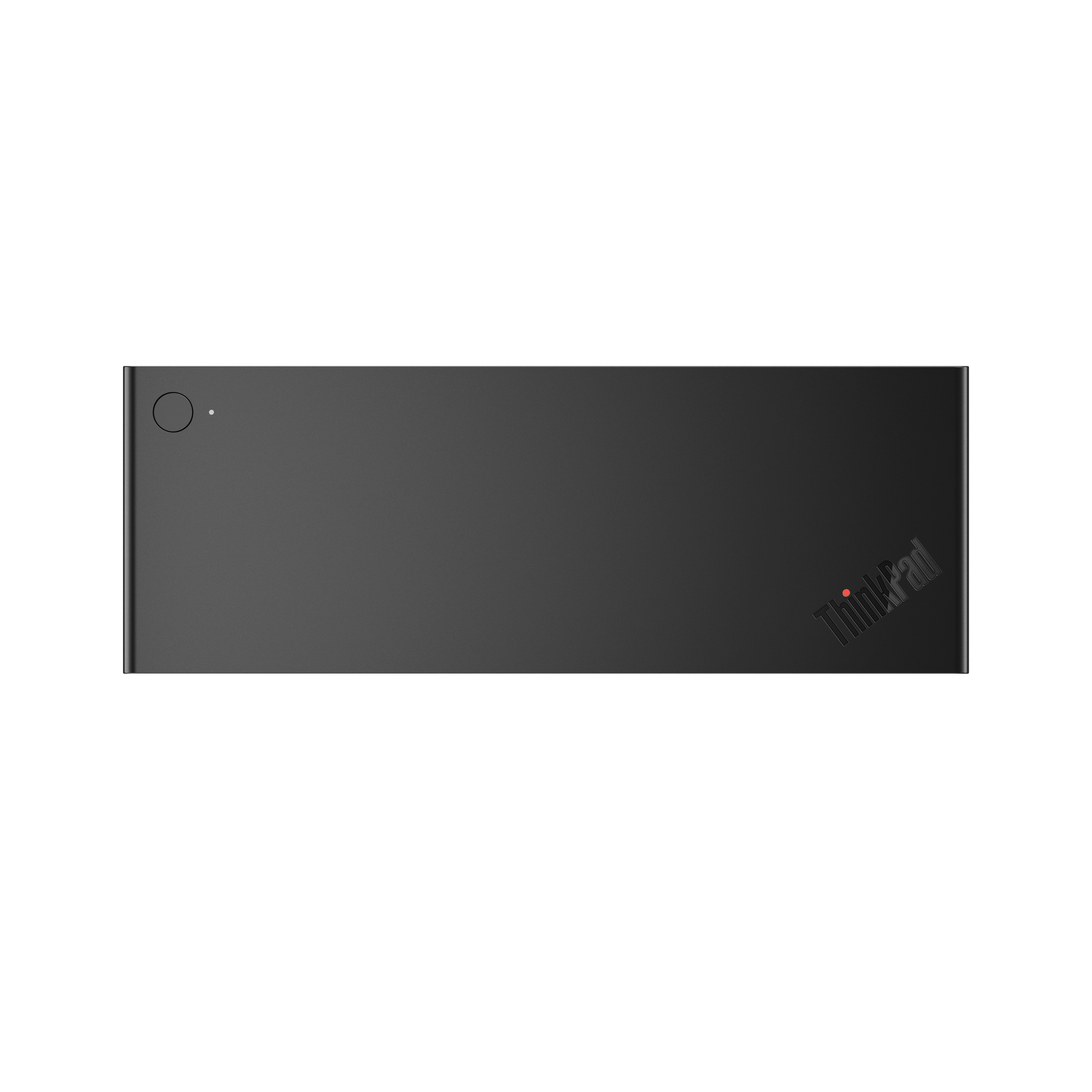 Ein schwarzer ThinkPad-Laptop ist zentriert. Er hat einen Einschaltknopf, und das ThinkPad-Logo ist sichtbar. Der Hintergrund ist weiß.