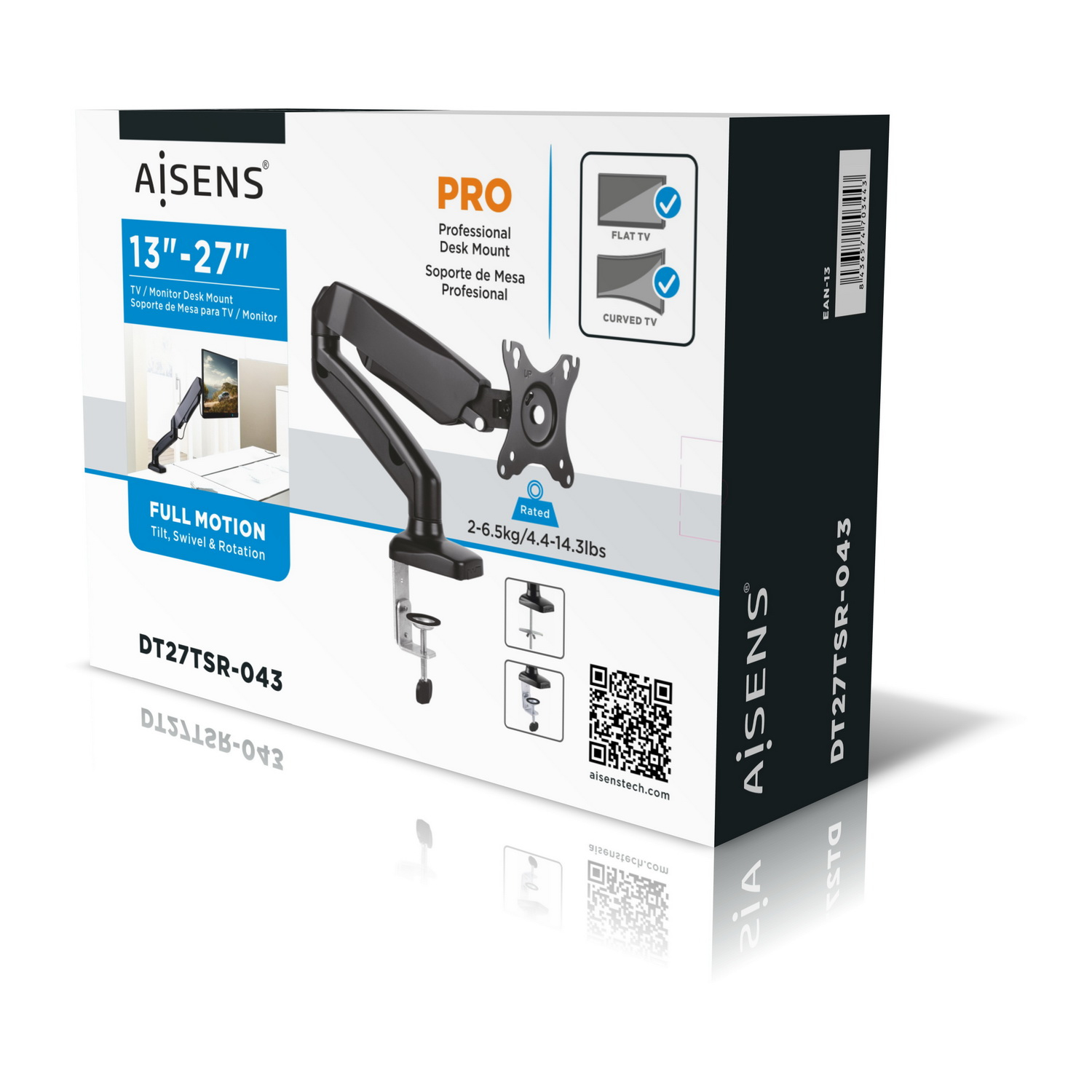 Pudełko uchwytu biurkowego do TV. Marka AISENS, widoczny tekst "PRO". Obsługuje telewizory 13"-27".