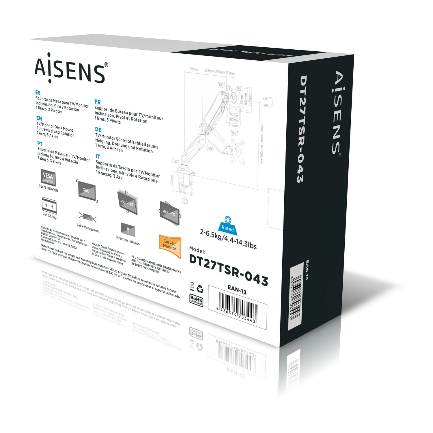Pudełko czarnego uchwytu biurkowego do monitora. Tekst zawiera model DT27TSR-043, specyfikacje, markę Aisens i diagram.