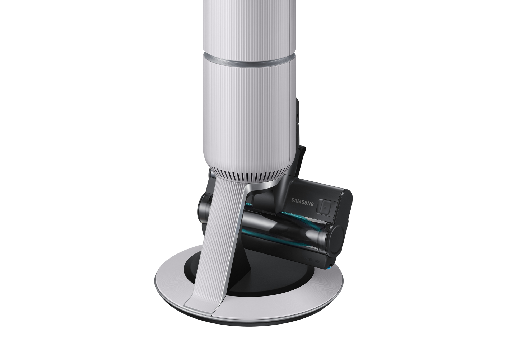 Biało-czarny odkurzacz Samsung. Ma cylindryczny korpus i zmotoryzowaną głowicę szczotkową na białej podstawie.