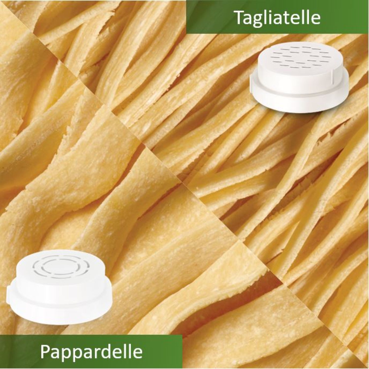 Das Bild zeigt Tagliatelle- und Pappardelle-Nudeln mit weißen Aufsätzen auf gelbem Nudelhintergrund.