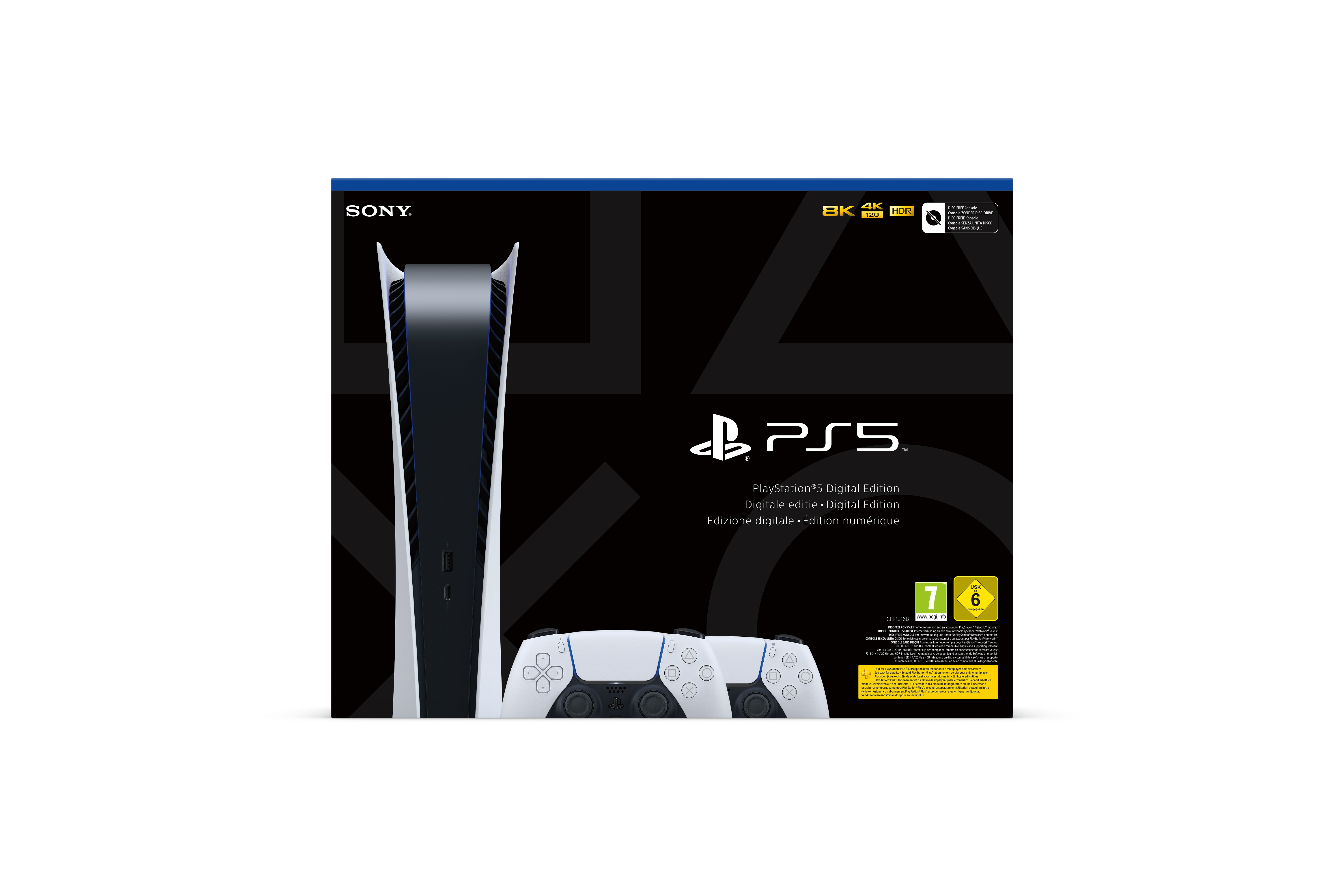 Eine PlayStation 5 Digital Edition Box, Konsole und Controller werden angezeigt. Die Box hat das PS5-Logo.