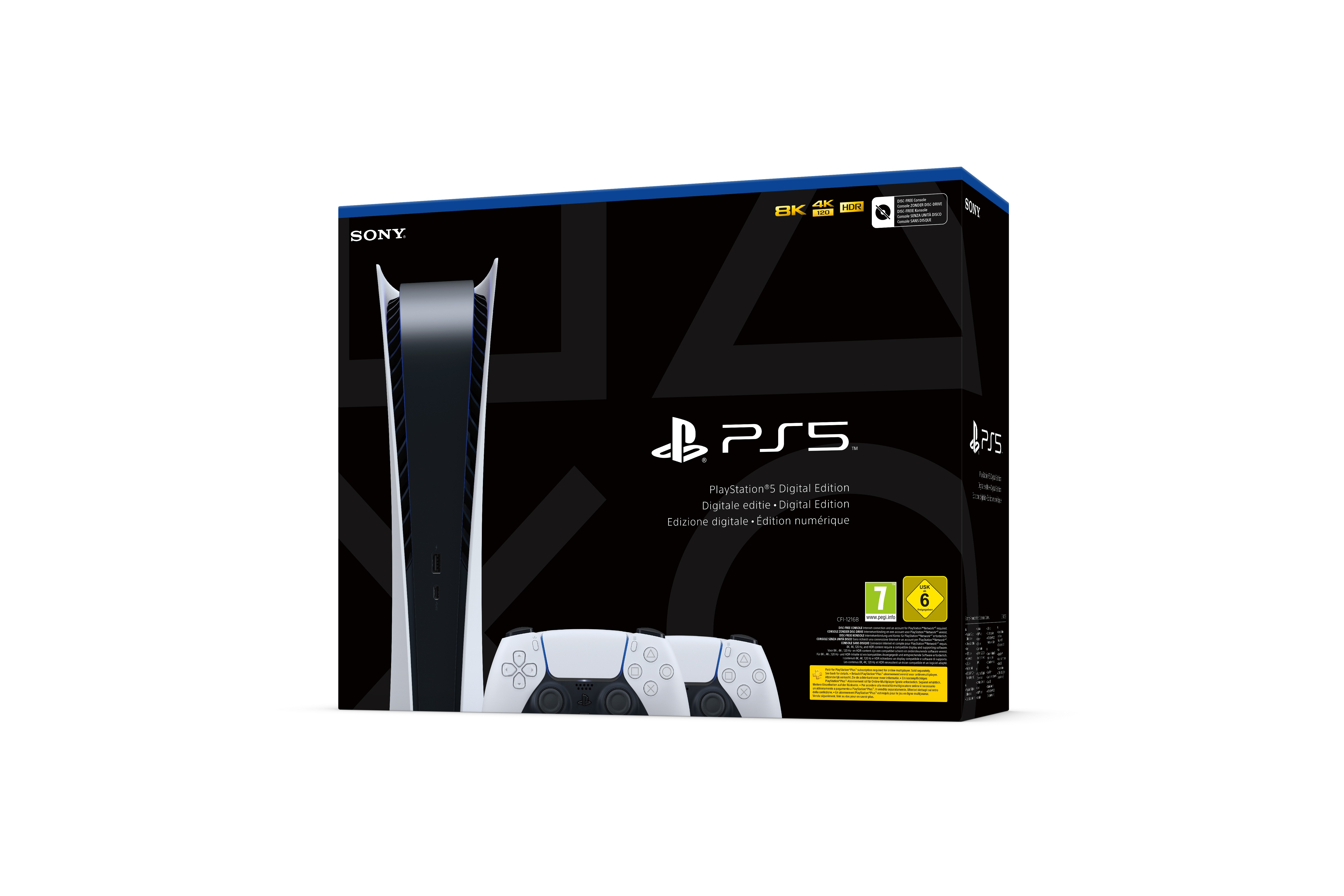Eine PlayStation 5 Digital Edition-Box mit Konsole und zwei weißen Controllern.